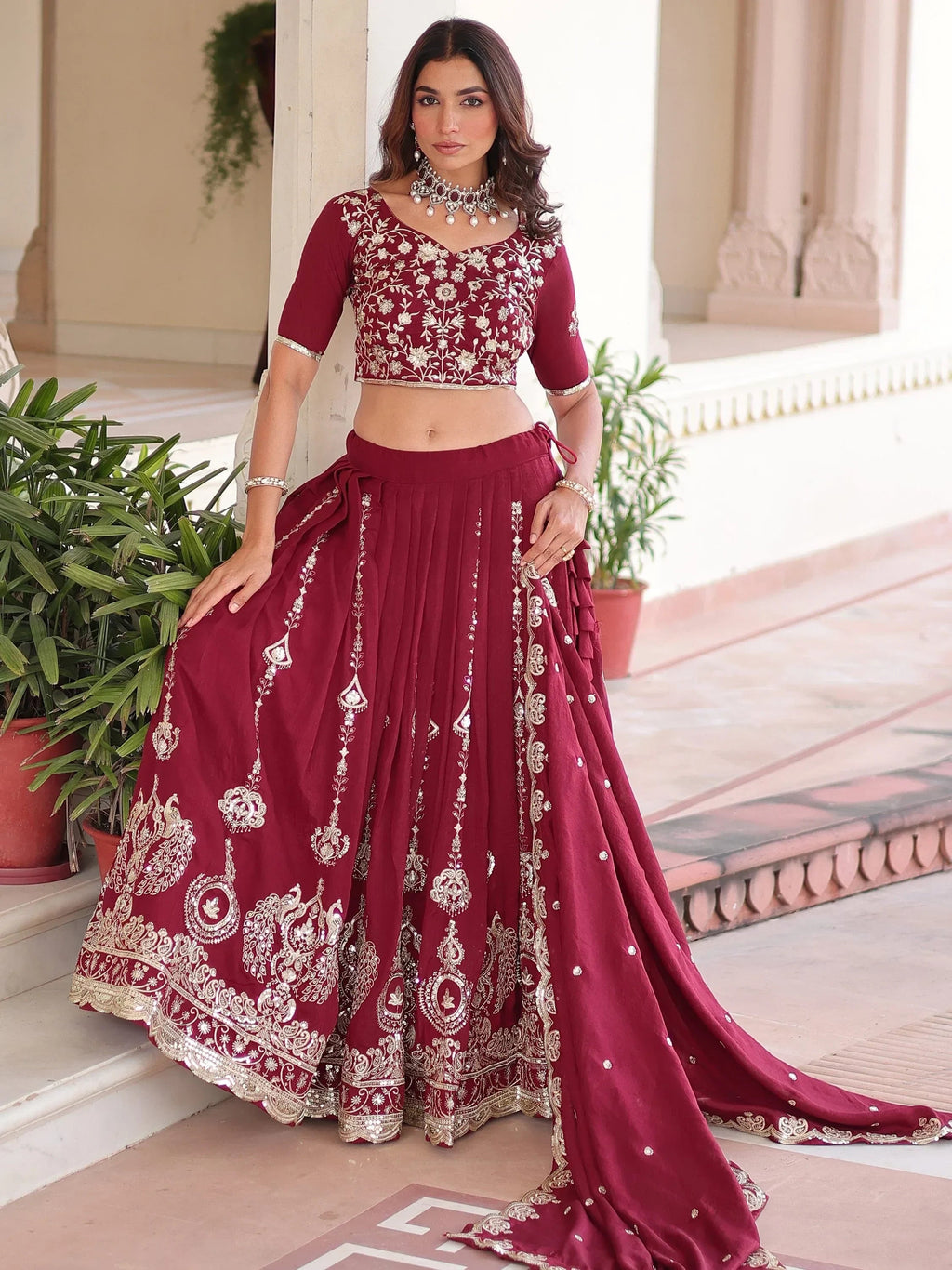Attractive Maroon Heavy Sequins Silk Festive Wear Lehenga Choli
