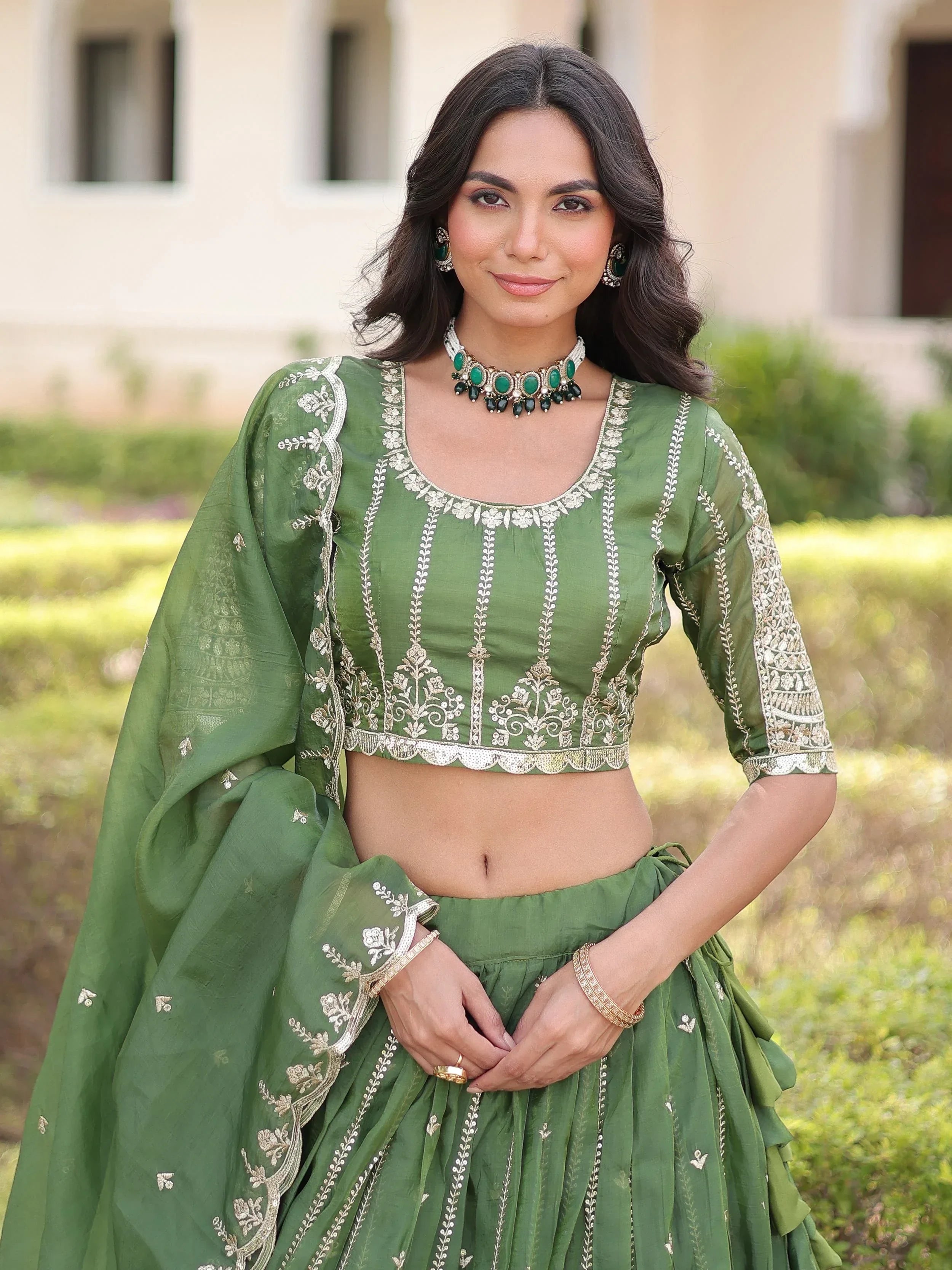 Classic Green Embroidered Crushed Wedding Wear Lehenga Choli