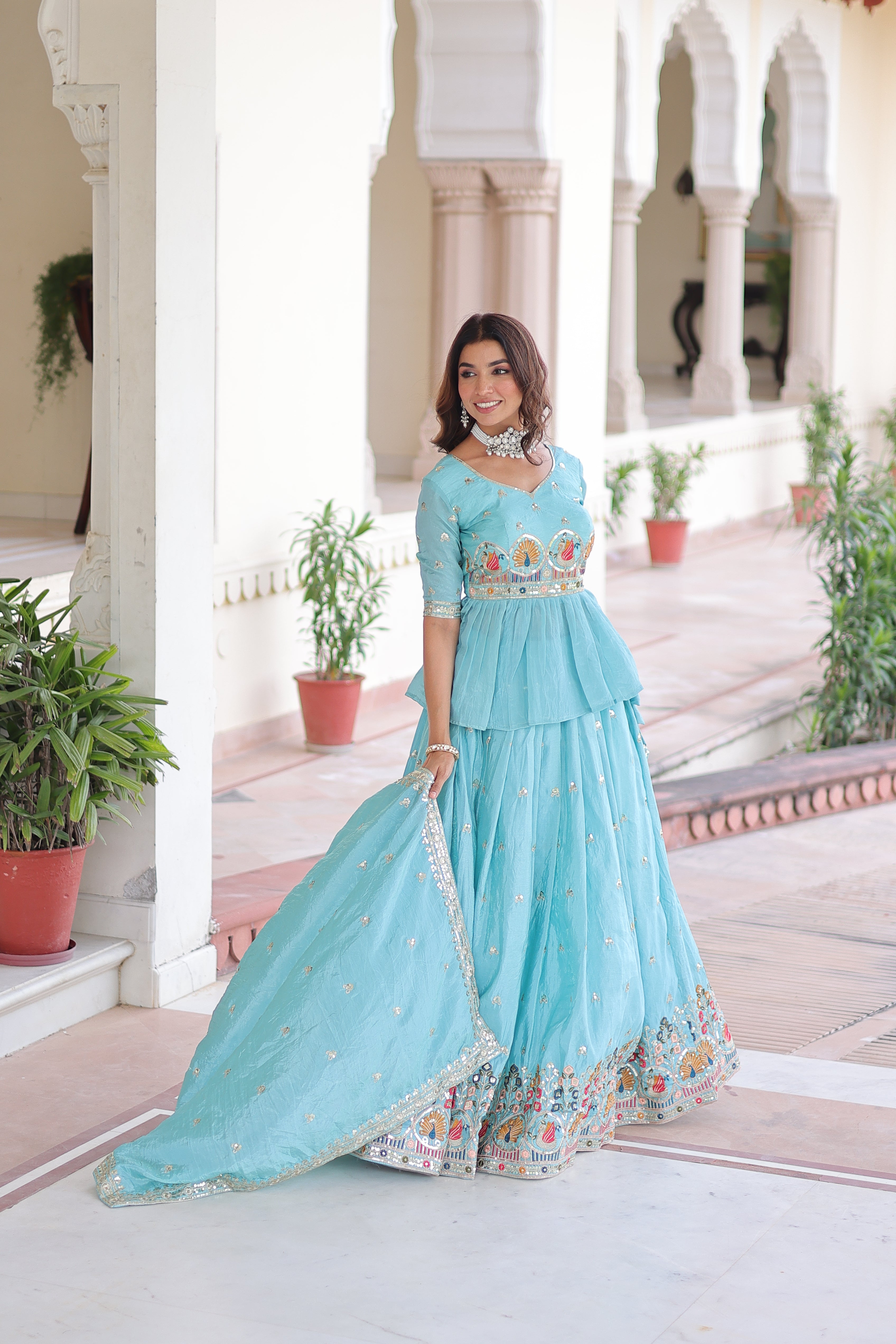 Blue Silk Sequins Festive Lehenga With Peplum Top for Women