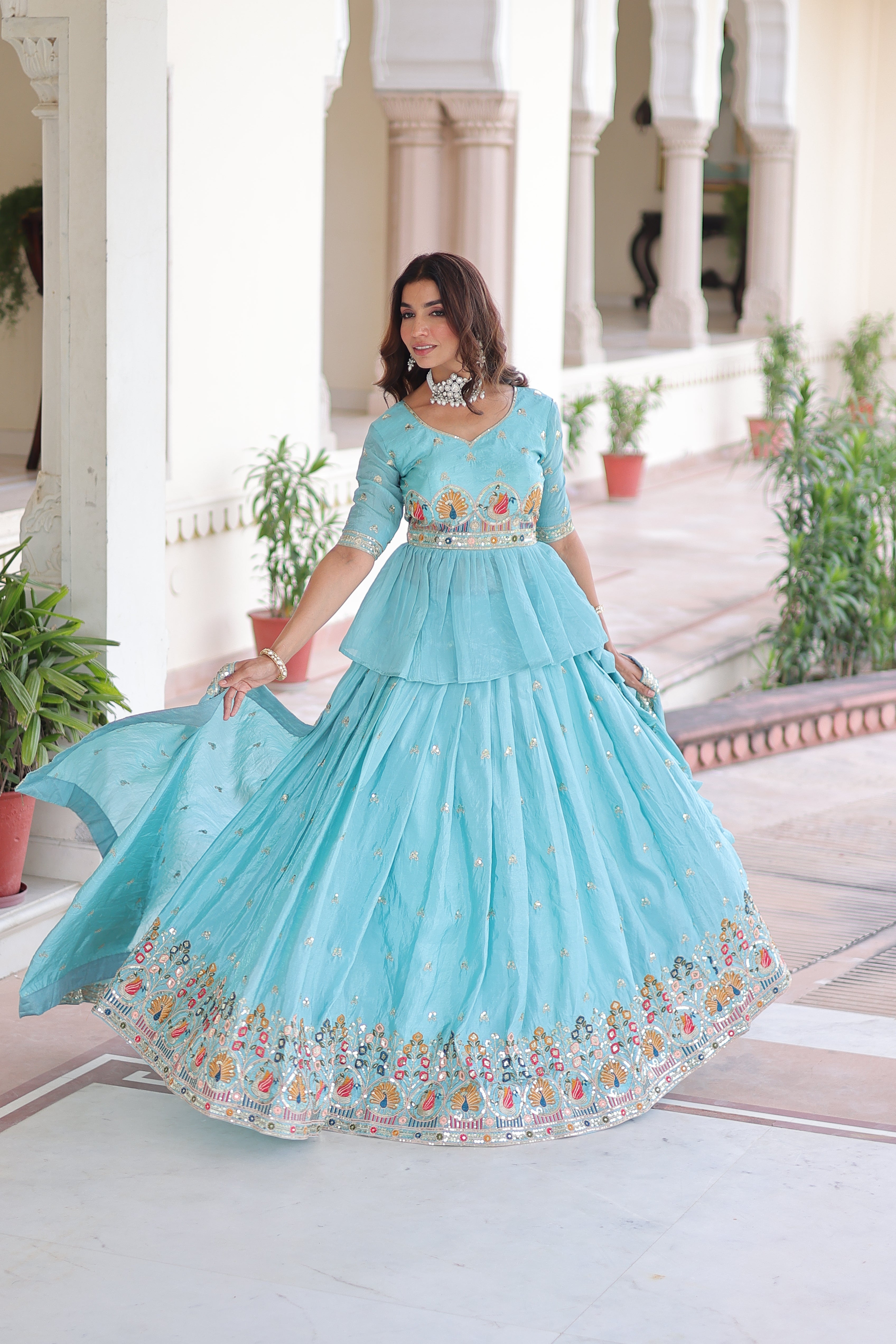 Blue Silk Sequins Festive Lehenga With Peplum Top for Women