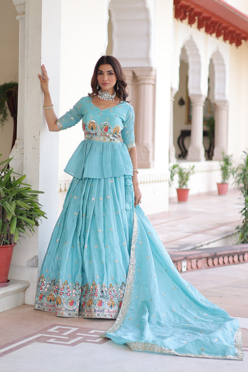 Blue Silk Sequins Festive Lehenga With Peplum Top for Women