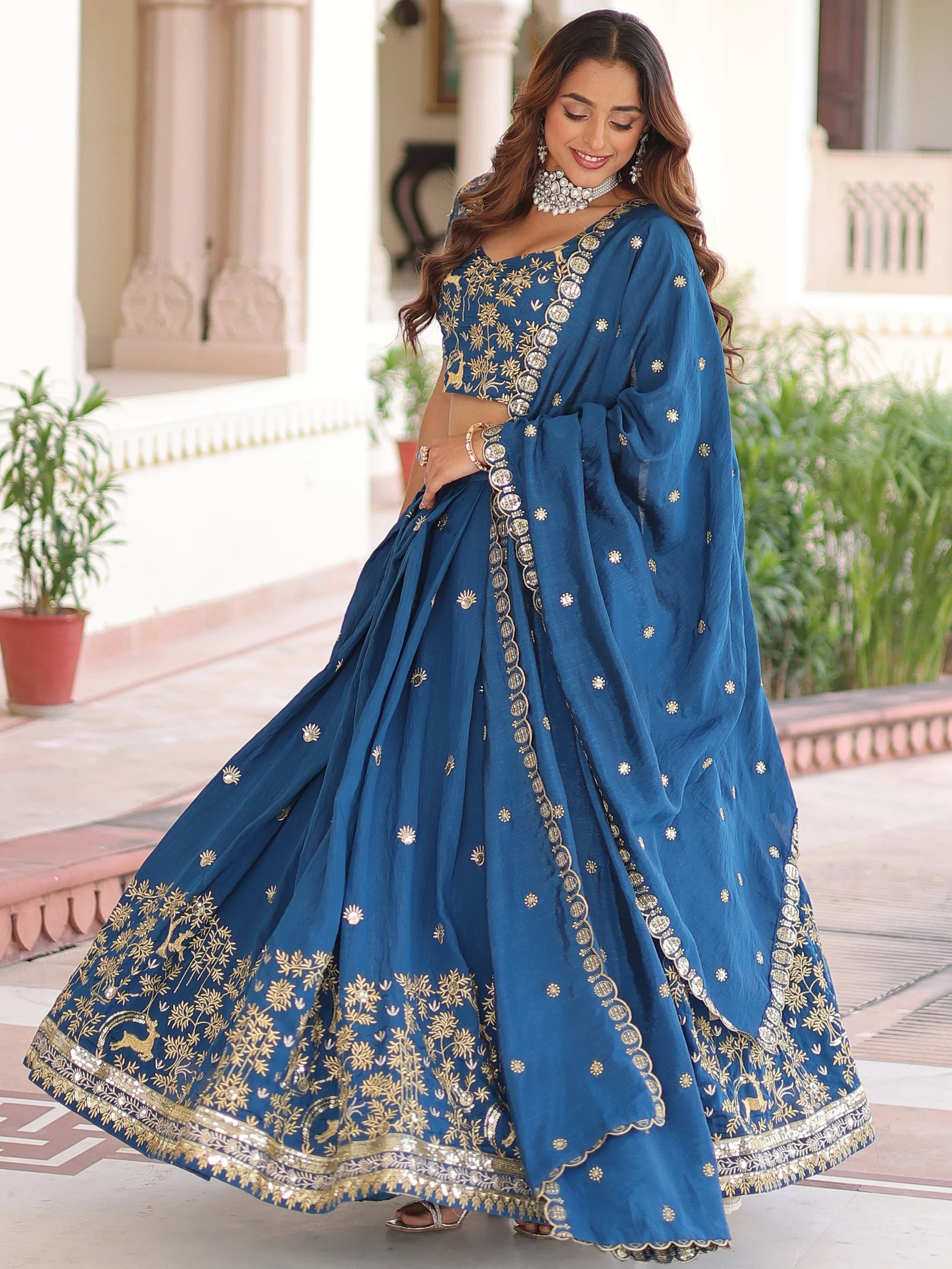 Teal Attractive Thread Embroidered Silk Wedding Lehenga Choli