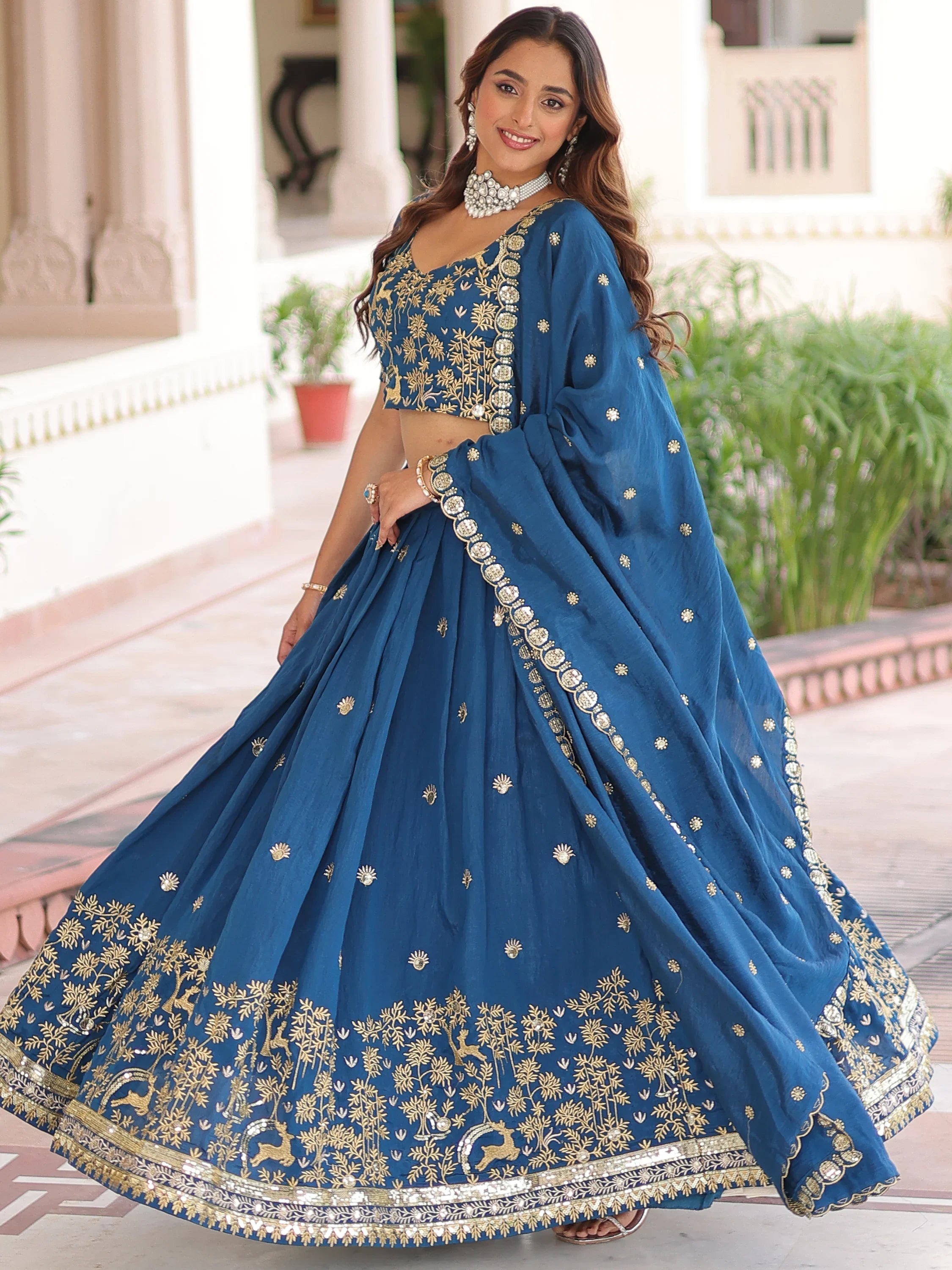 Teal Attractive Thread Embroidered Silk Wedding Lehenga Choli