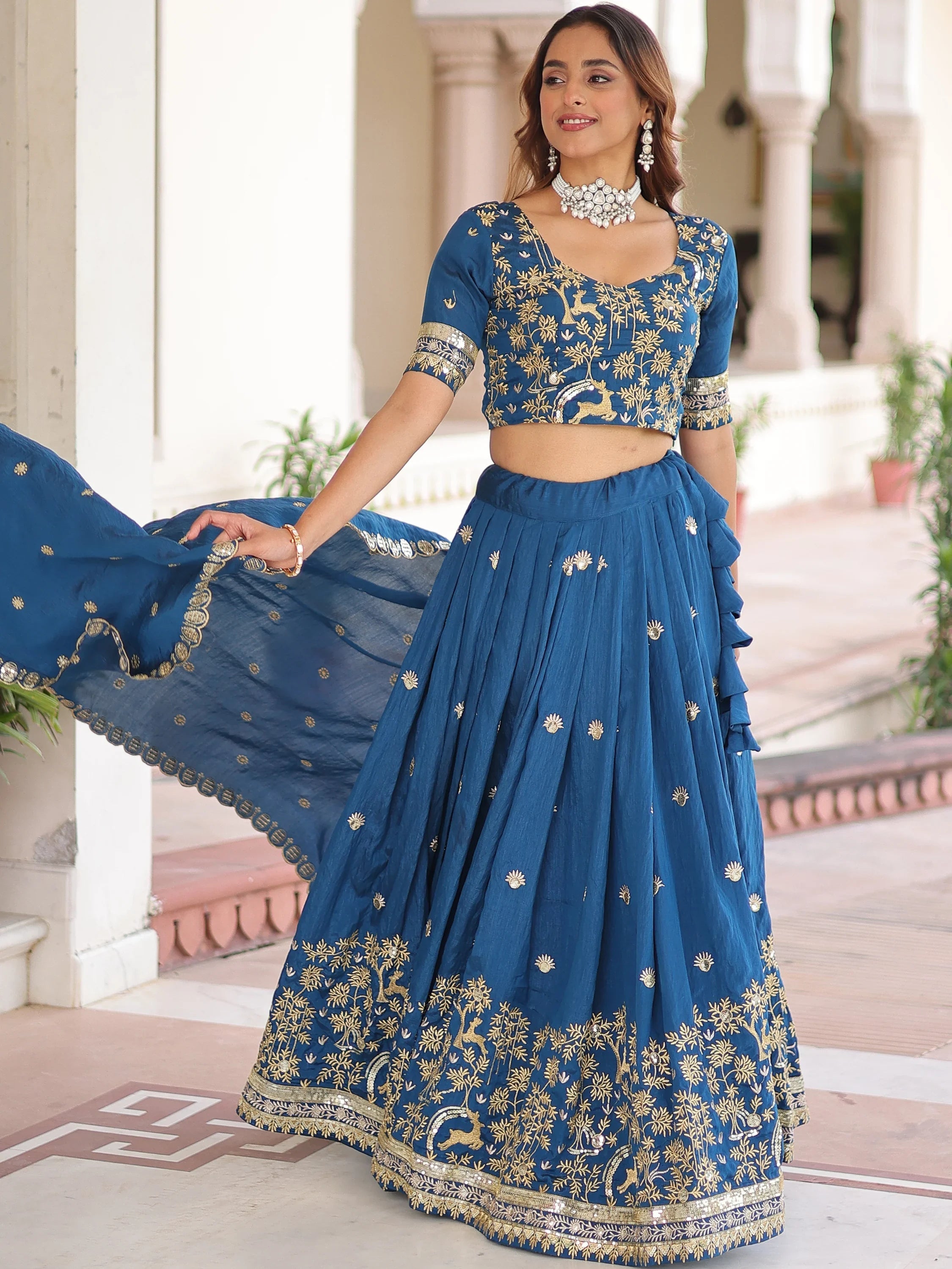 Teal Attractive Thread Embroidered Silk Wedding Lehenga Choli