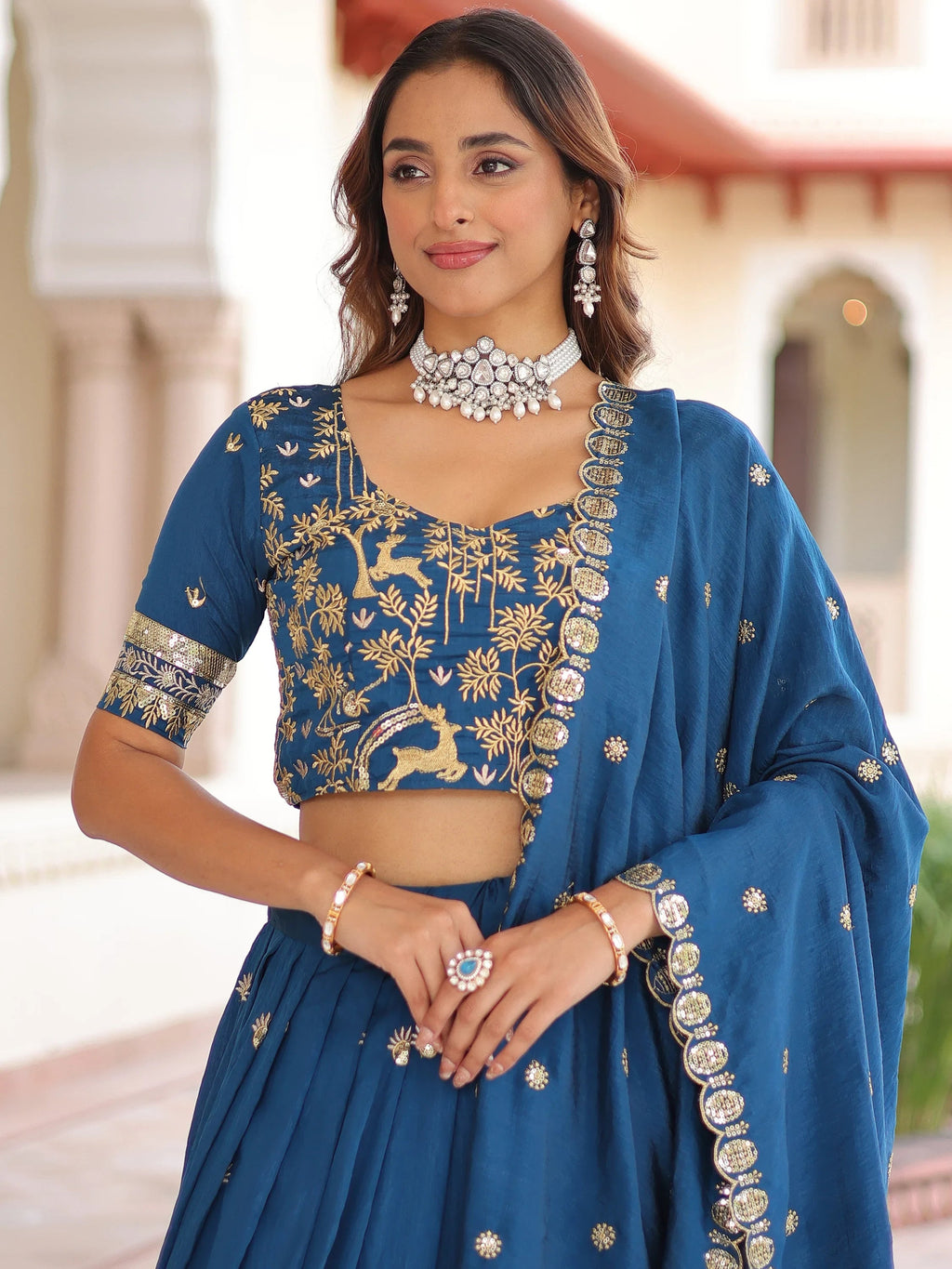 Teal Attractive Thread Embroidered Silk Wedding Lehenga Choli