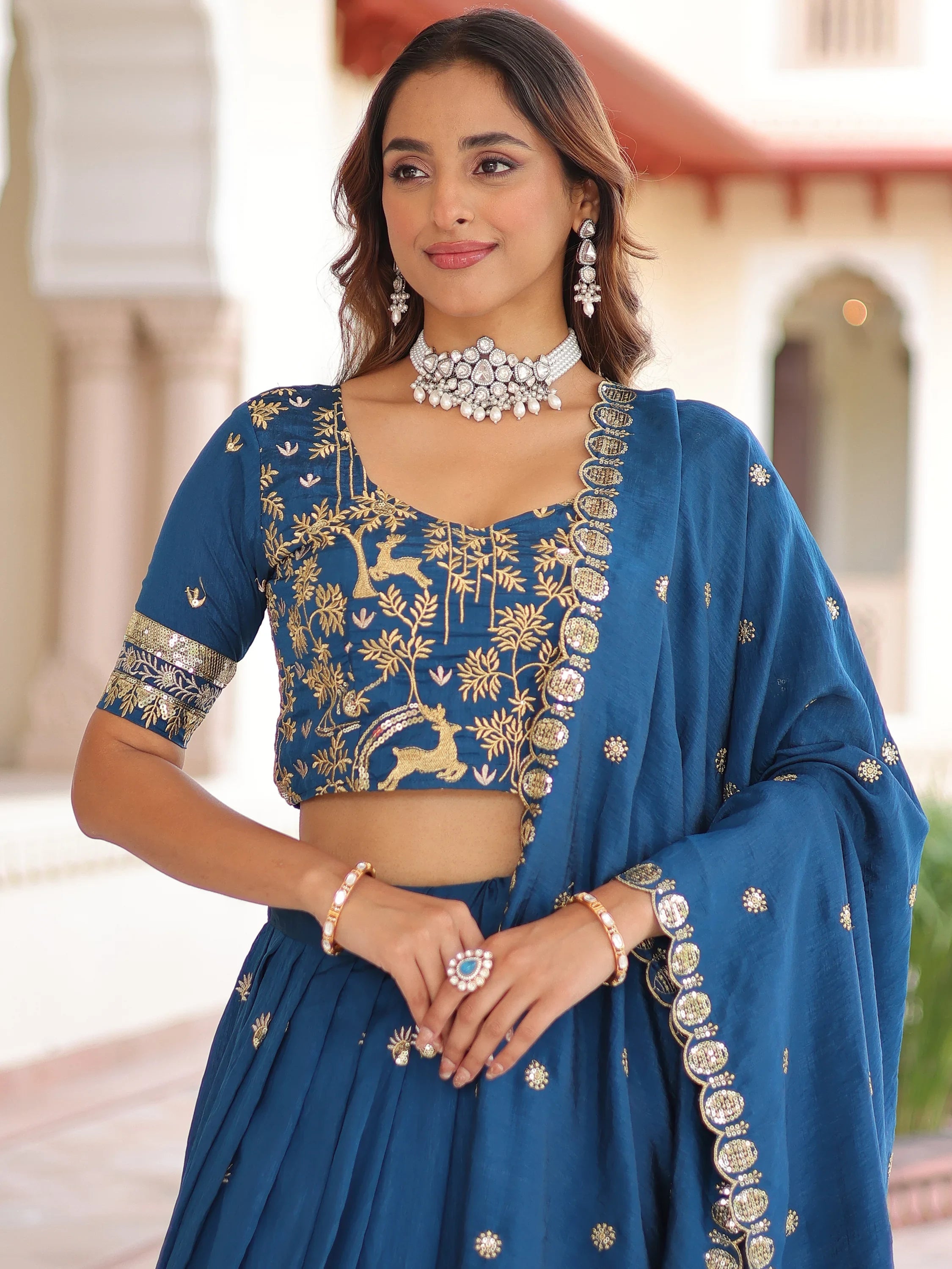 Teal Attractive Thread Embroidered Silk Wedding Lehenga Choli