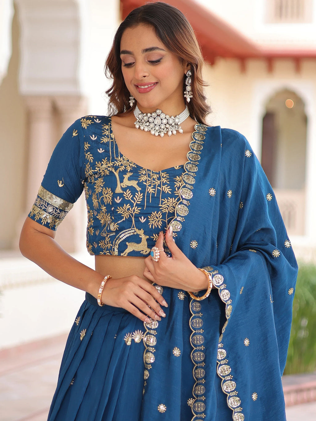 Teal Attractive Thread Embroidered Silk Wedding Lehenga Choli