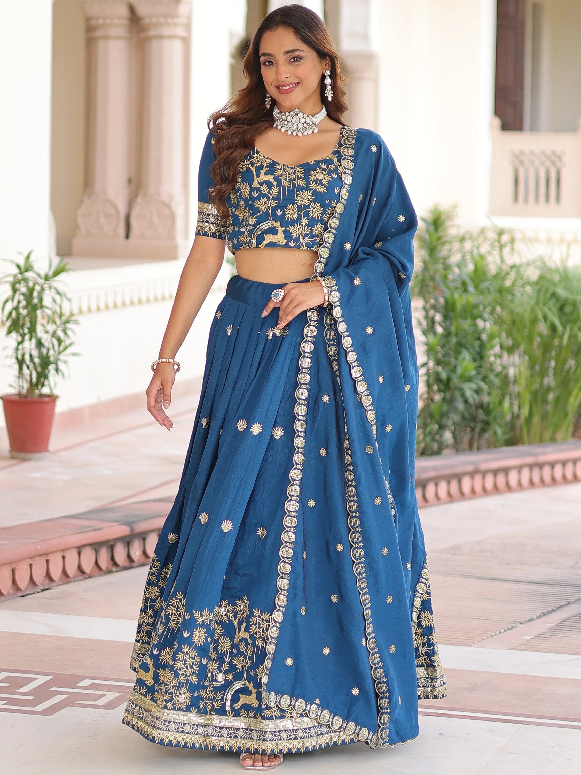 Teal Attractive Thread Embroidered Silk Wedding Lehenga Choli