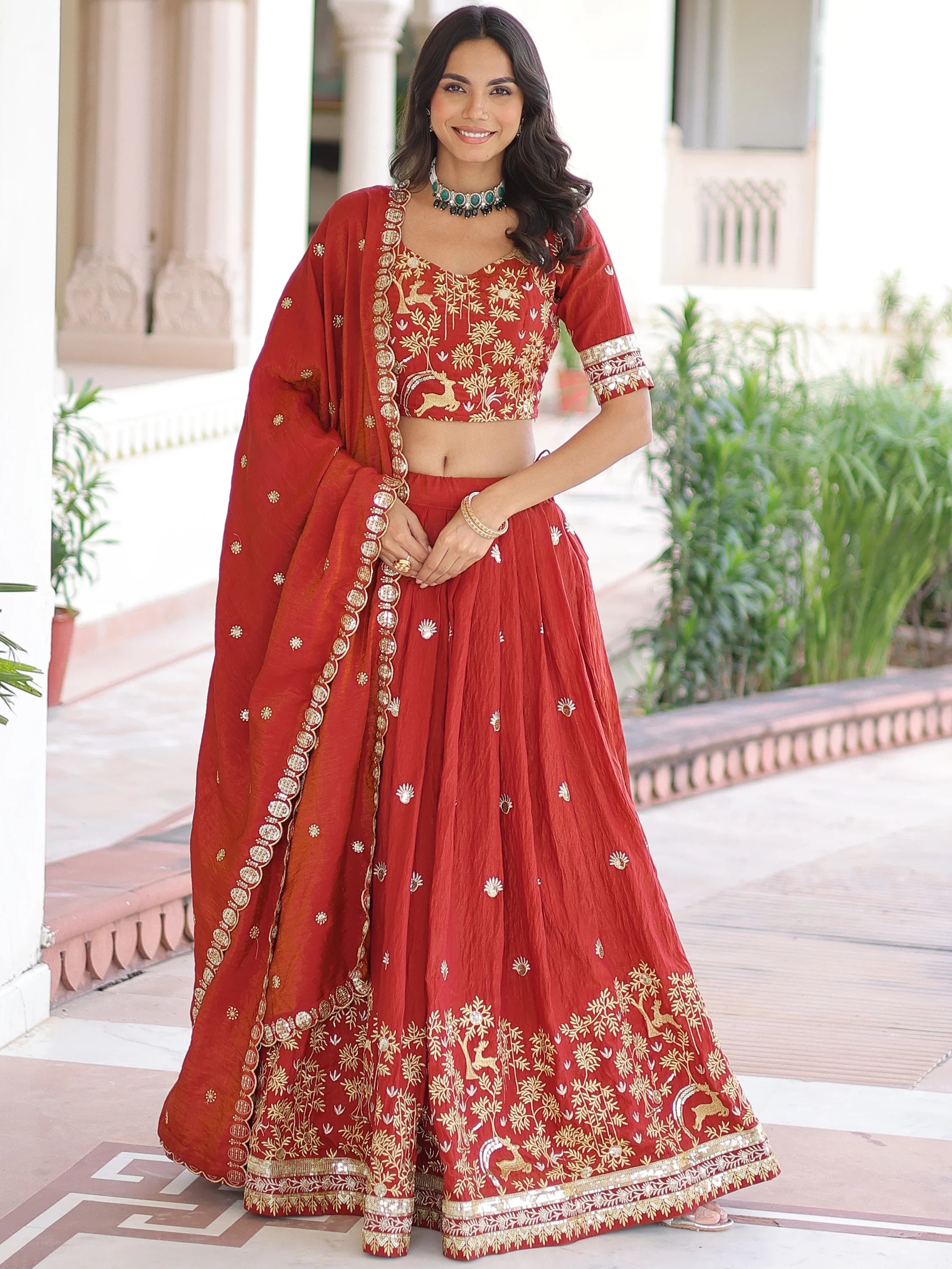 Orange Attractive Thread Embroidered Silk Wedding Lehenga Choli