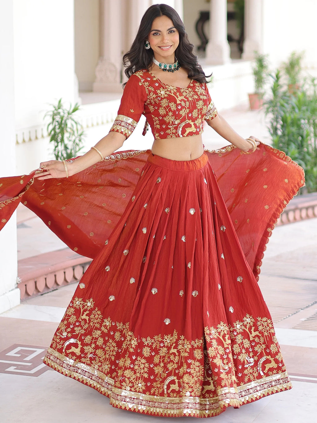 Orange Attractive Thread Embroidered Silk Wedding Lehenga Choli