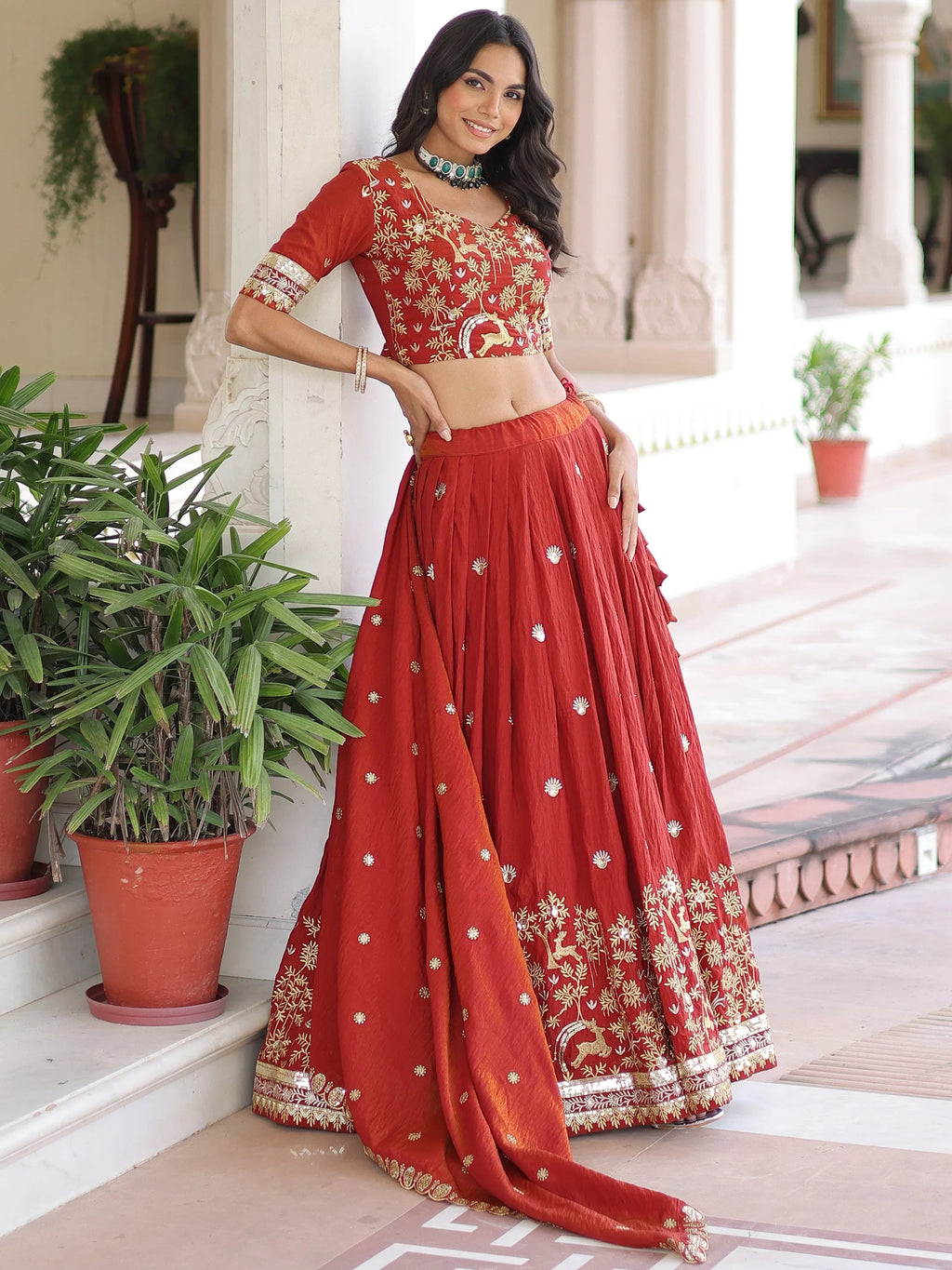 Orange Attractive Thread Embroidered Silk Wedding Lehenga Choli
