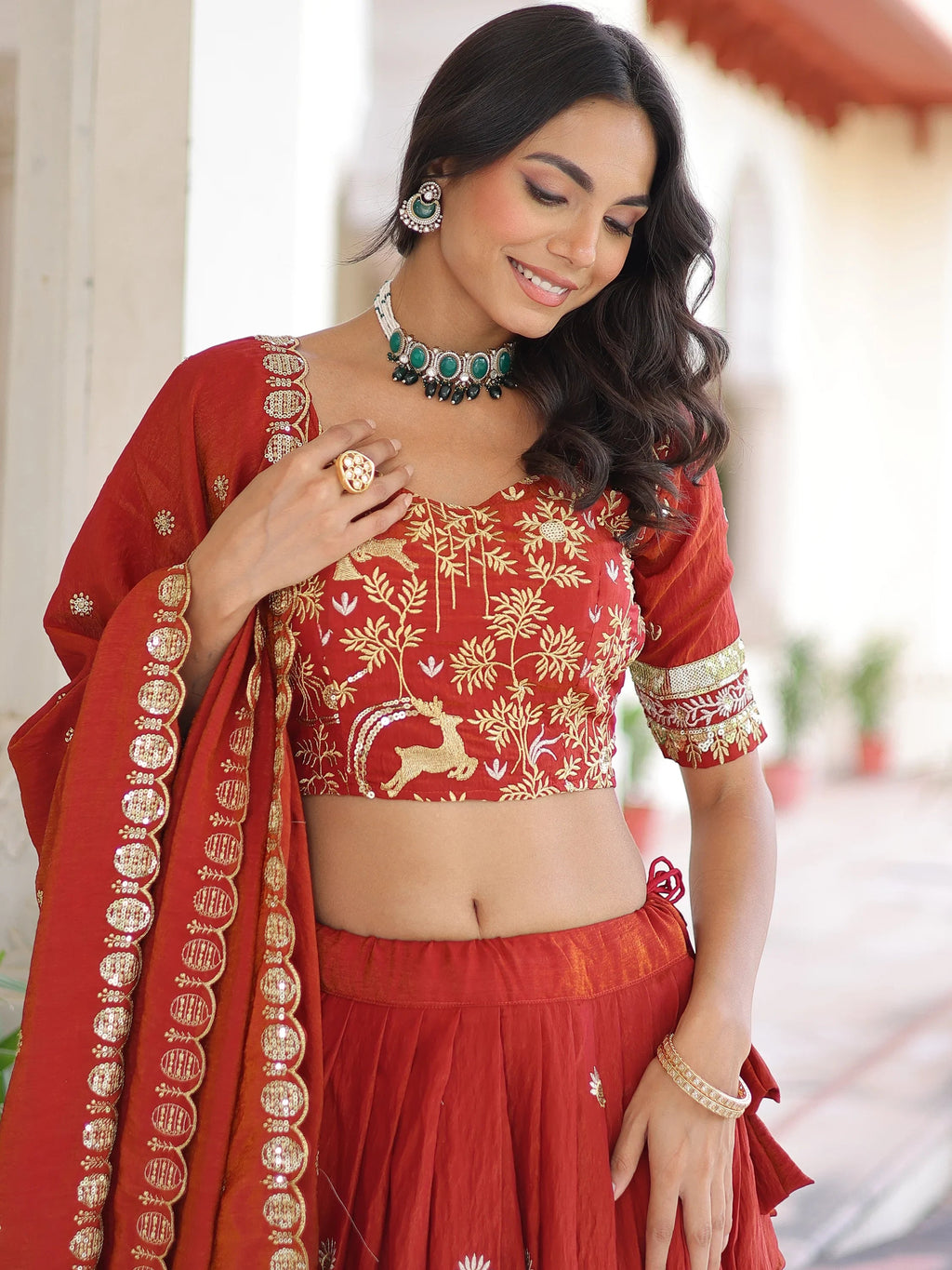 Orange Attractive Thread Embroidered Silk Wedding Lehenga Choli
