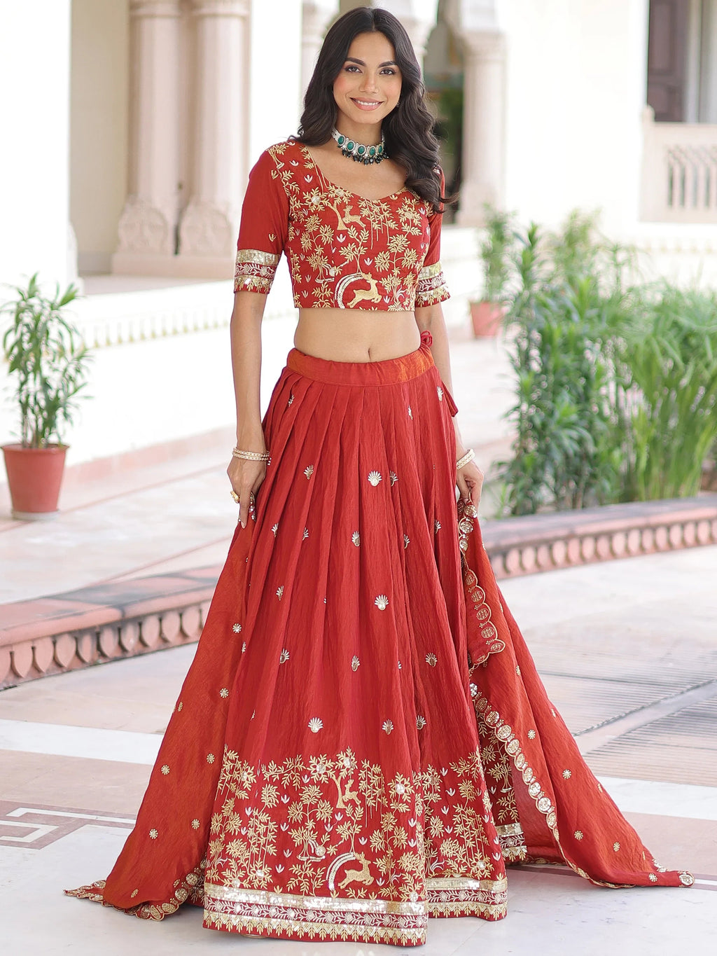 Orange Attractive Thread Embroidered Silk Wedding Lehenga Choli
