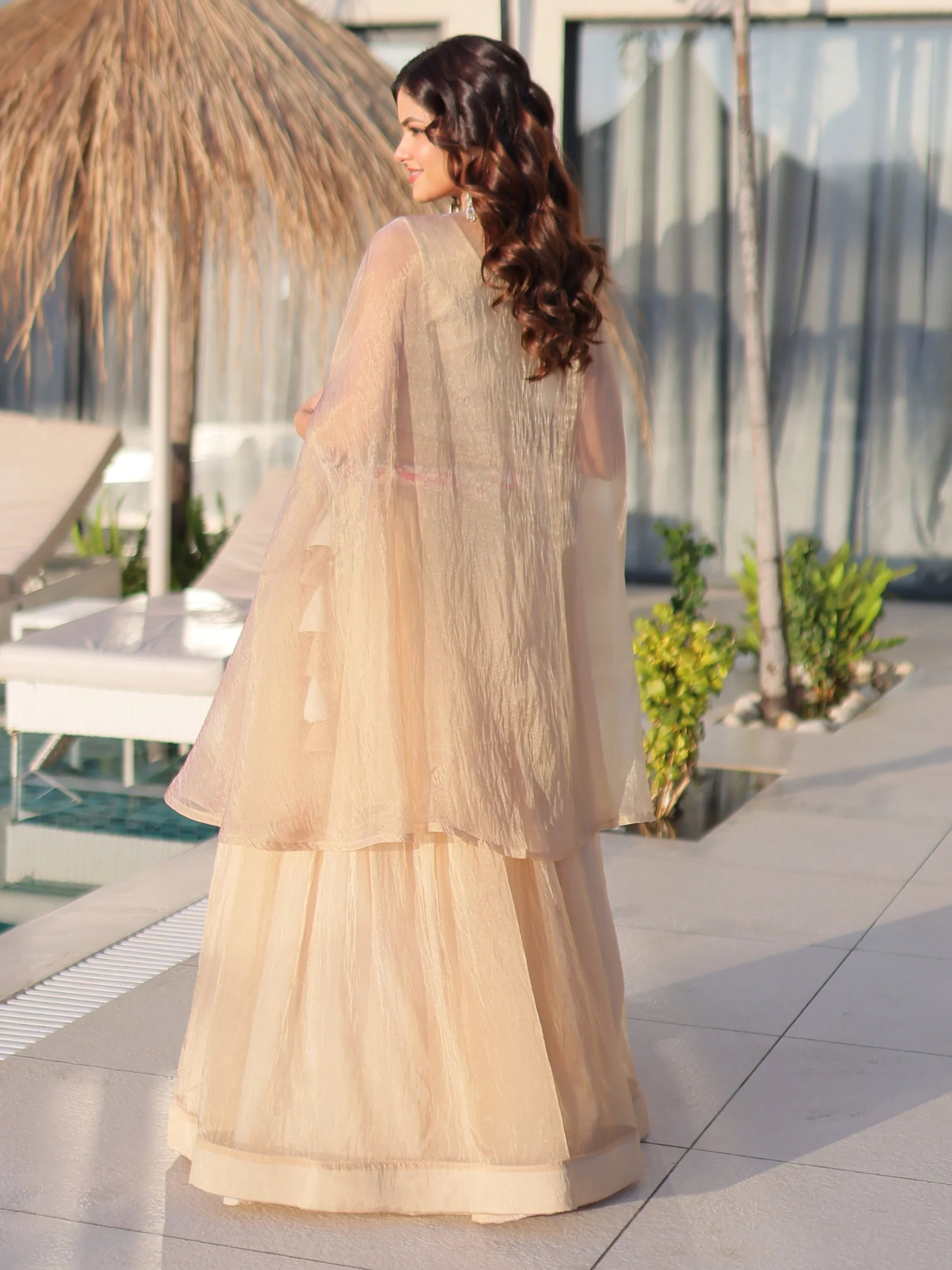 Stunning Cream Organza Lehenga With Bead Work Choli And Shrug
