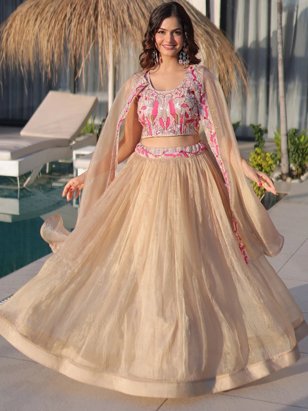 Stunning Cream Organza Lehenga With Bead Work Choli And Shrug