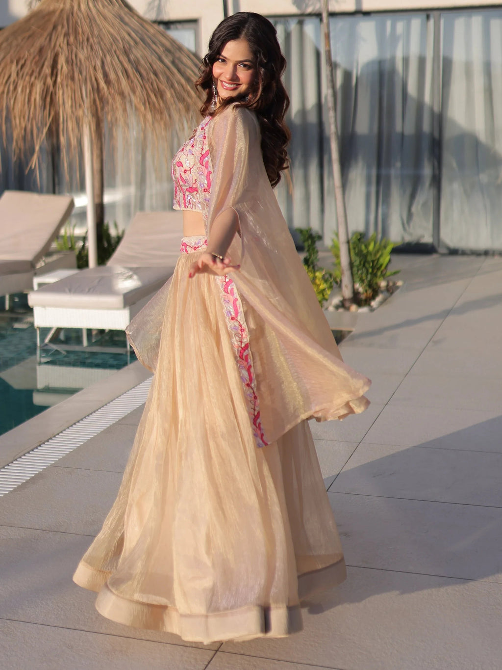Stunning Cream Organza Lehenga With Bead Work Choli And Shrug