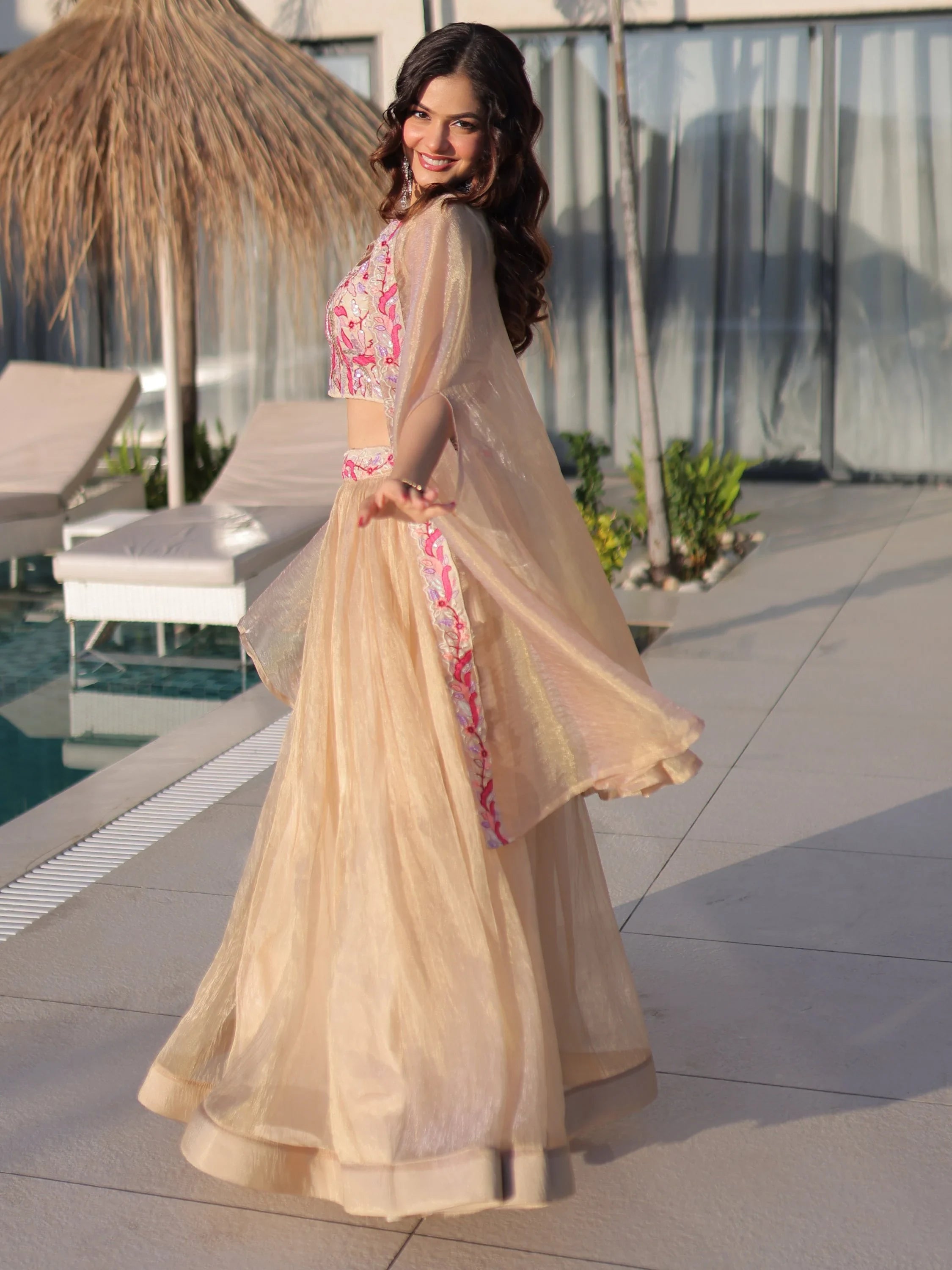 Stunning Cream Organza Lehenga With Bead Work Choli And Shrug