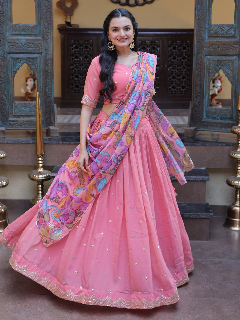Peach Precious Zari Work Silk Engagement Wear Half Saree Lehenga