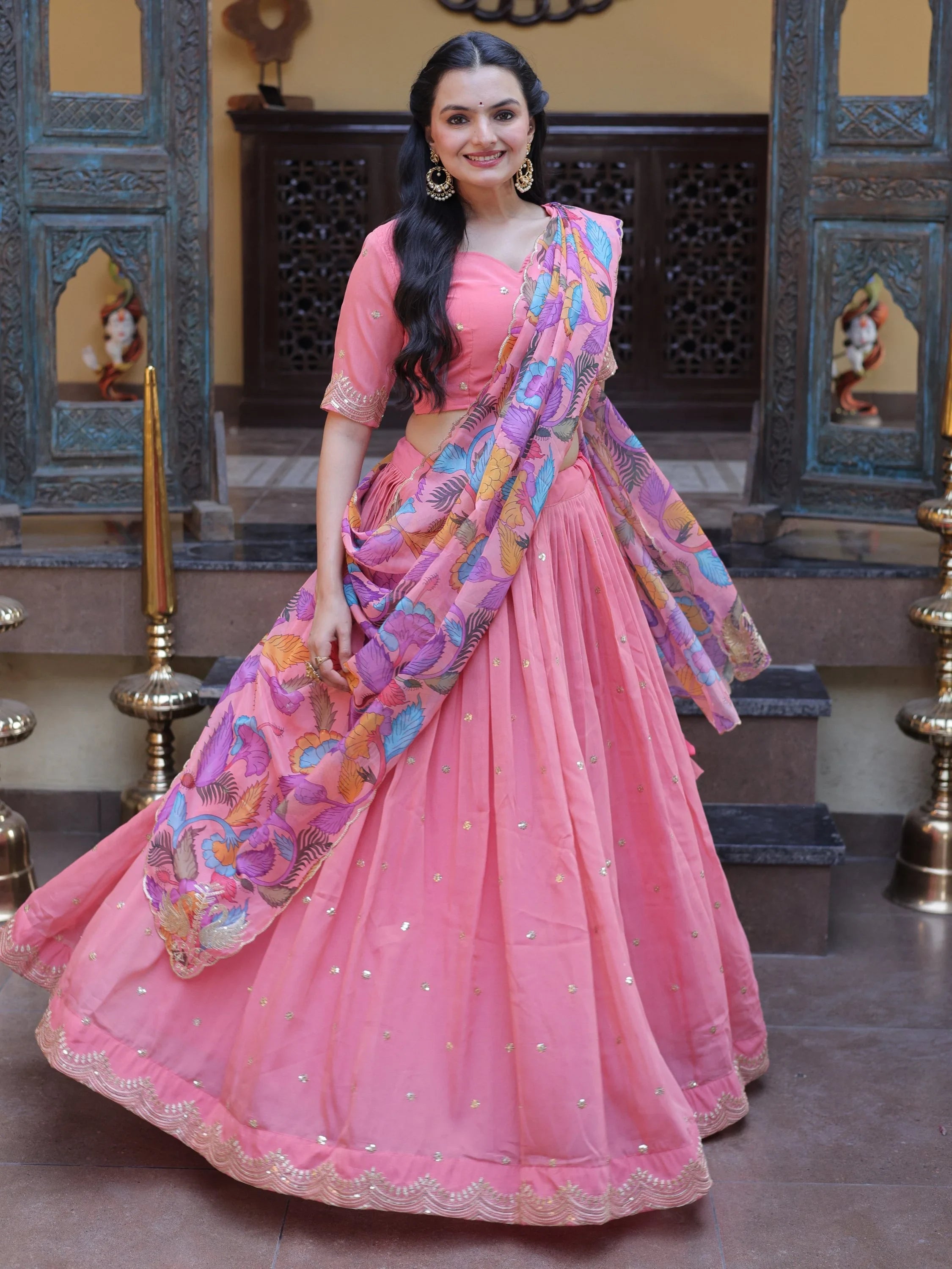 Peach Precious Zari Work Silk Engagement Wear Half Saree Lehenga