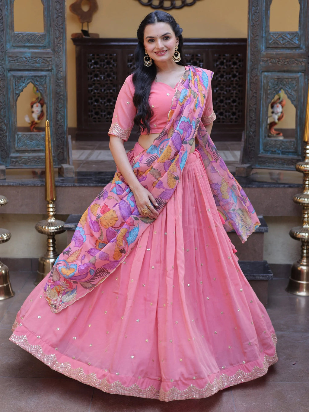 Peach Precious Zari Work Silk Engagement Wear Half Saree Lehenga