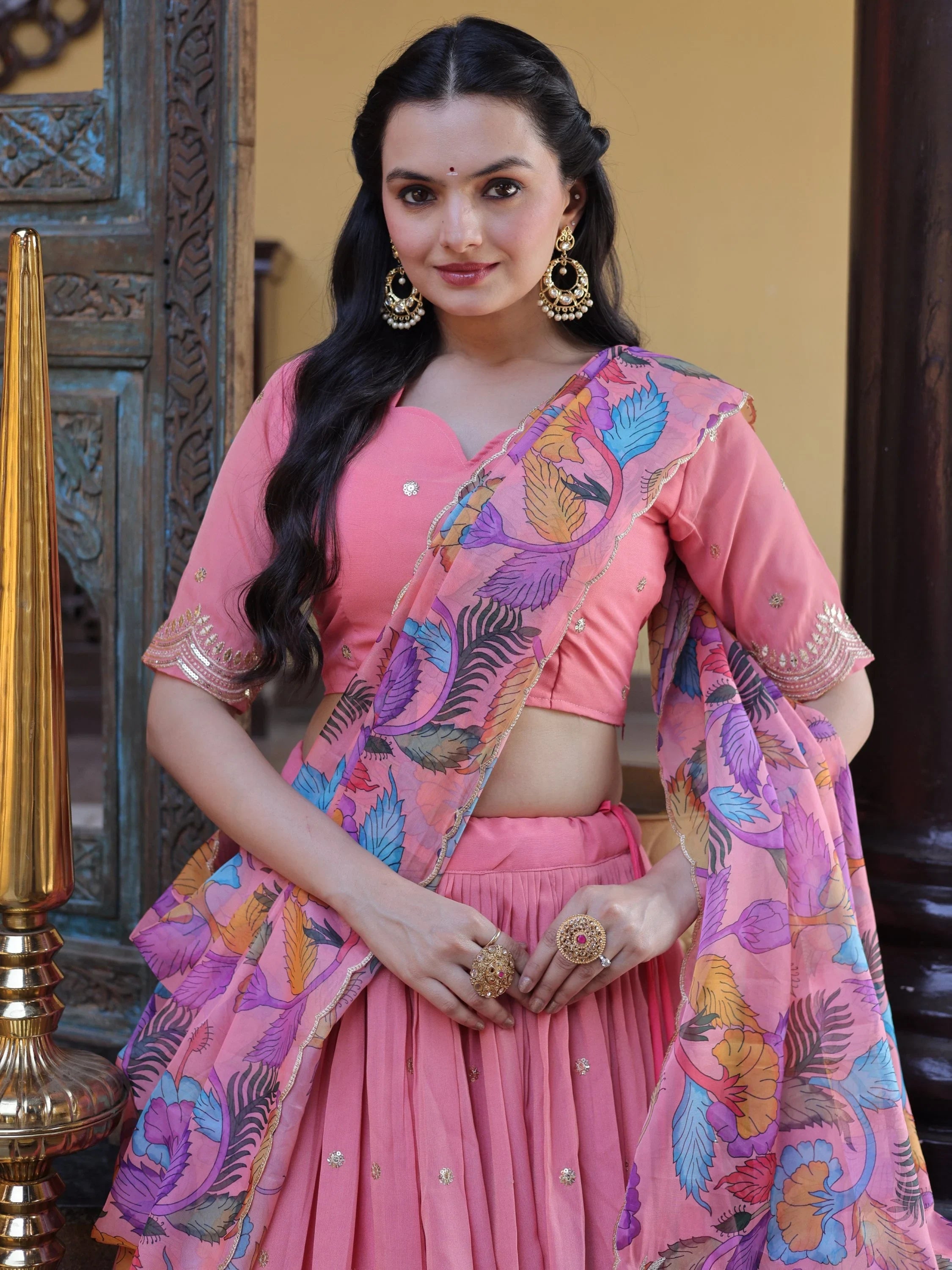 Peach Precious Zari Work Silk Engagement Wear Half Saree Lehenga