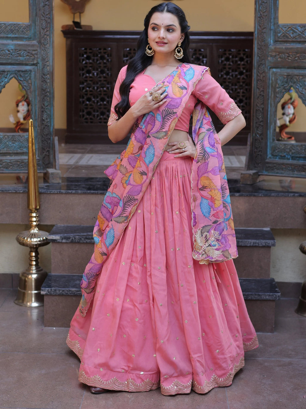 Peach Precious Zari Work Silk Engagement Wear Half Saree Lehenga