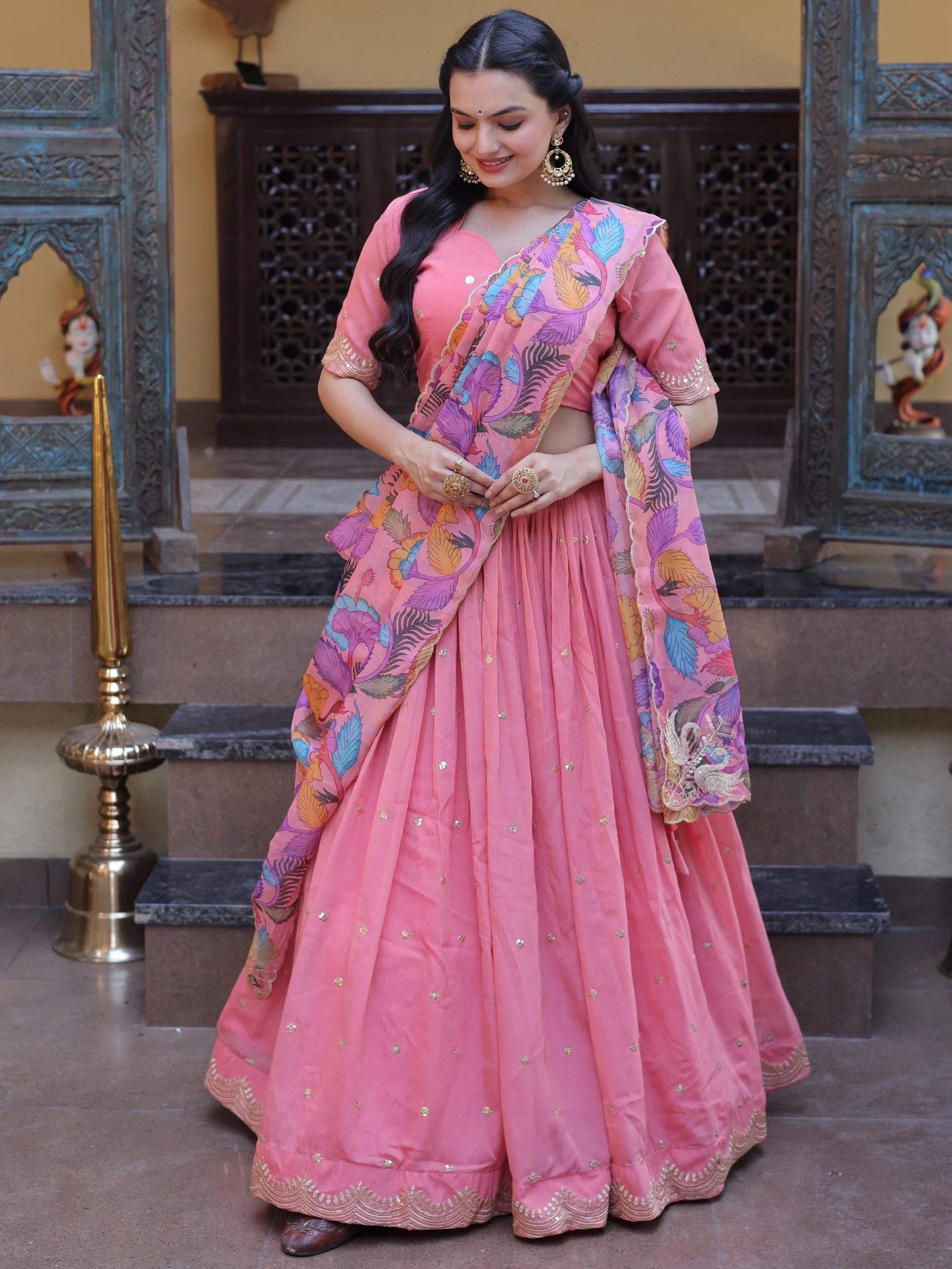 Peach Precious Zari Work Silk Engagement Wear Half Saree Lehenga
