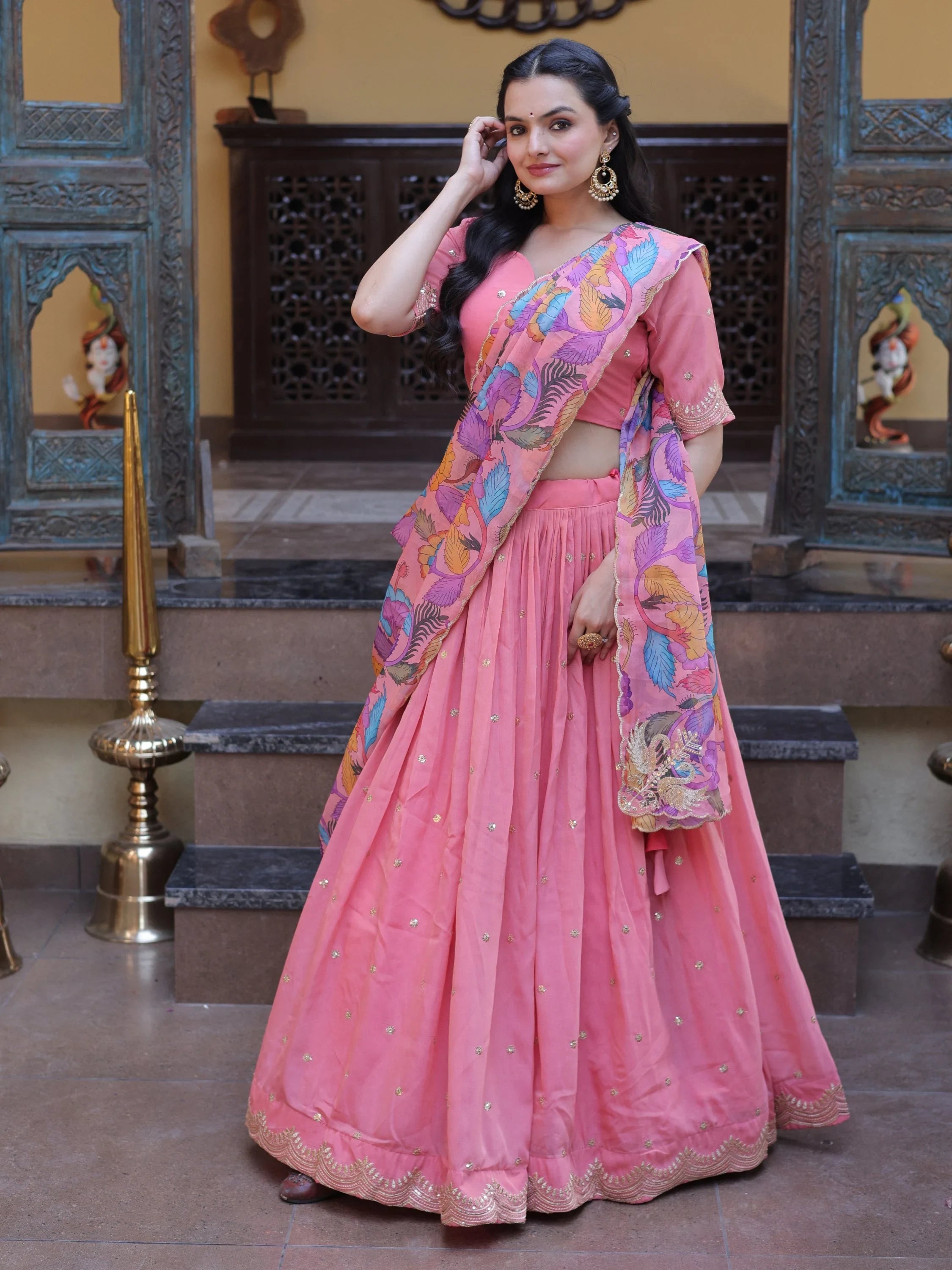 Peach Precious Zari Work Silk Engagement Wear Half Saree Lehenga