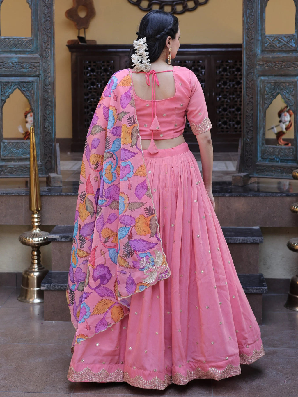 Peach Precious Zari Work Silk Engagement Wear Half Saree Lehenga