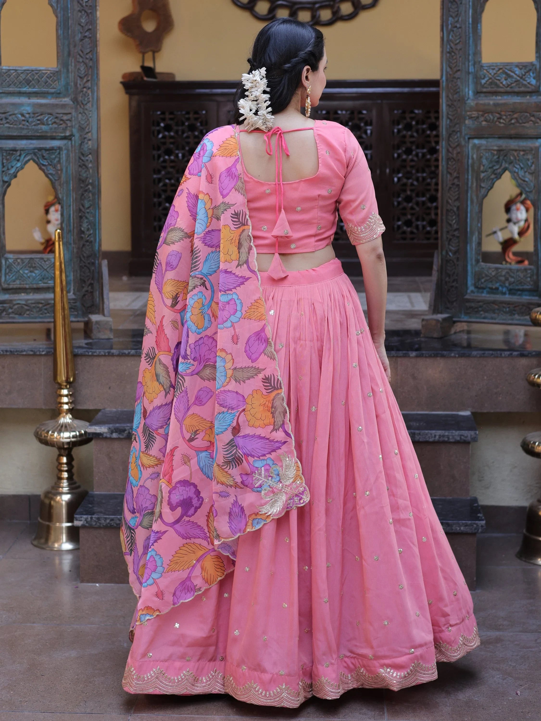 Peach Precious Zari Work Silk Engagement Wear Half Saree Lehenga