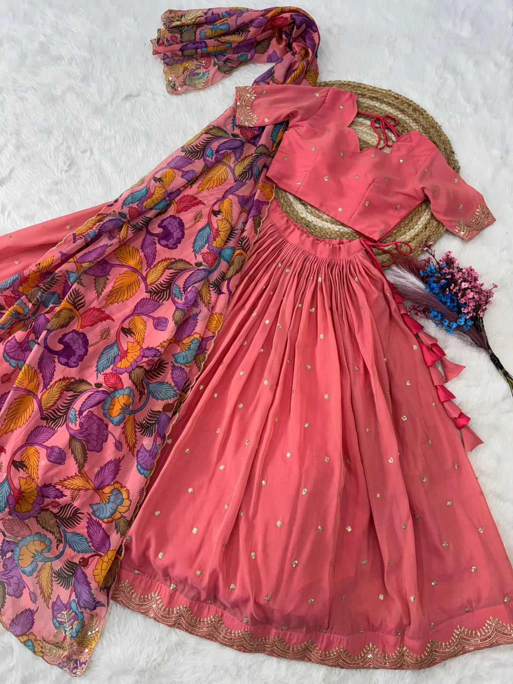 Peach Precious Zari Work Silk Engagement Wear Half Saree Lehenga