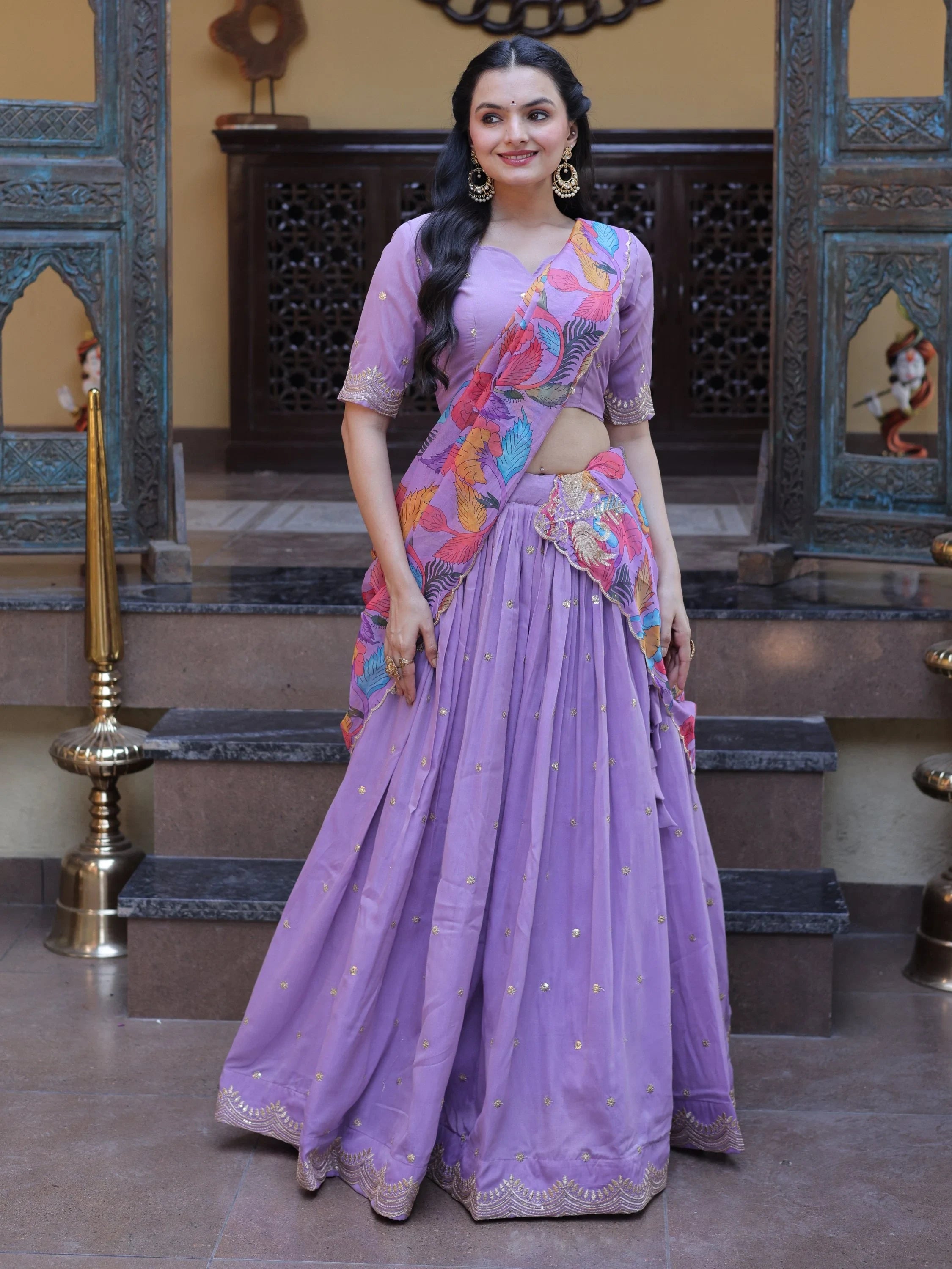 Purple Precious Zari Work Silk Engagement Wear Half Saree Lehenga