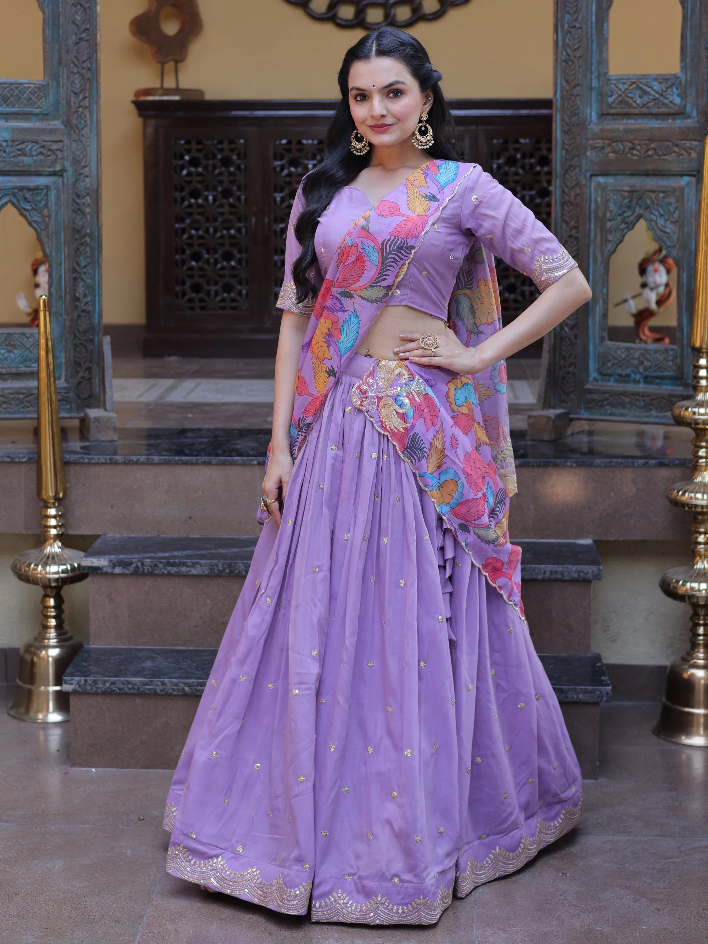 Purple Precious Zari Work Silk Engagement Wear Half Saree Lehenga