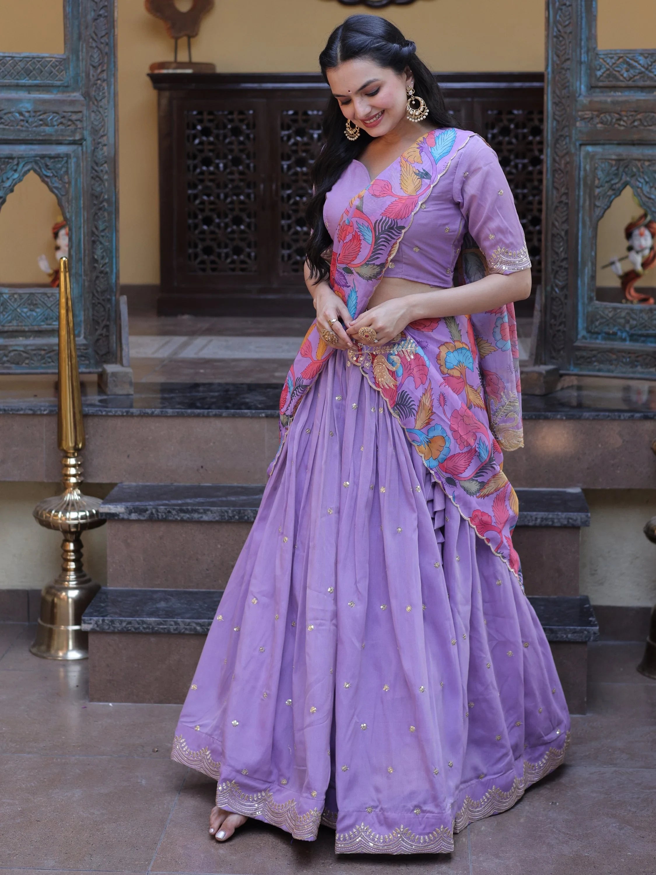 Purple Precious Zari Work Silk Engagement Wear Half Saree Lehenga