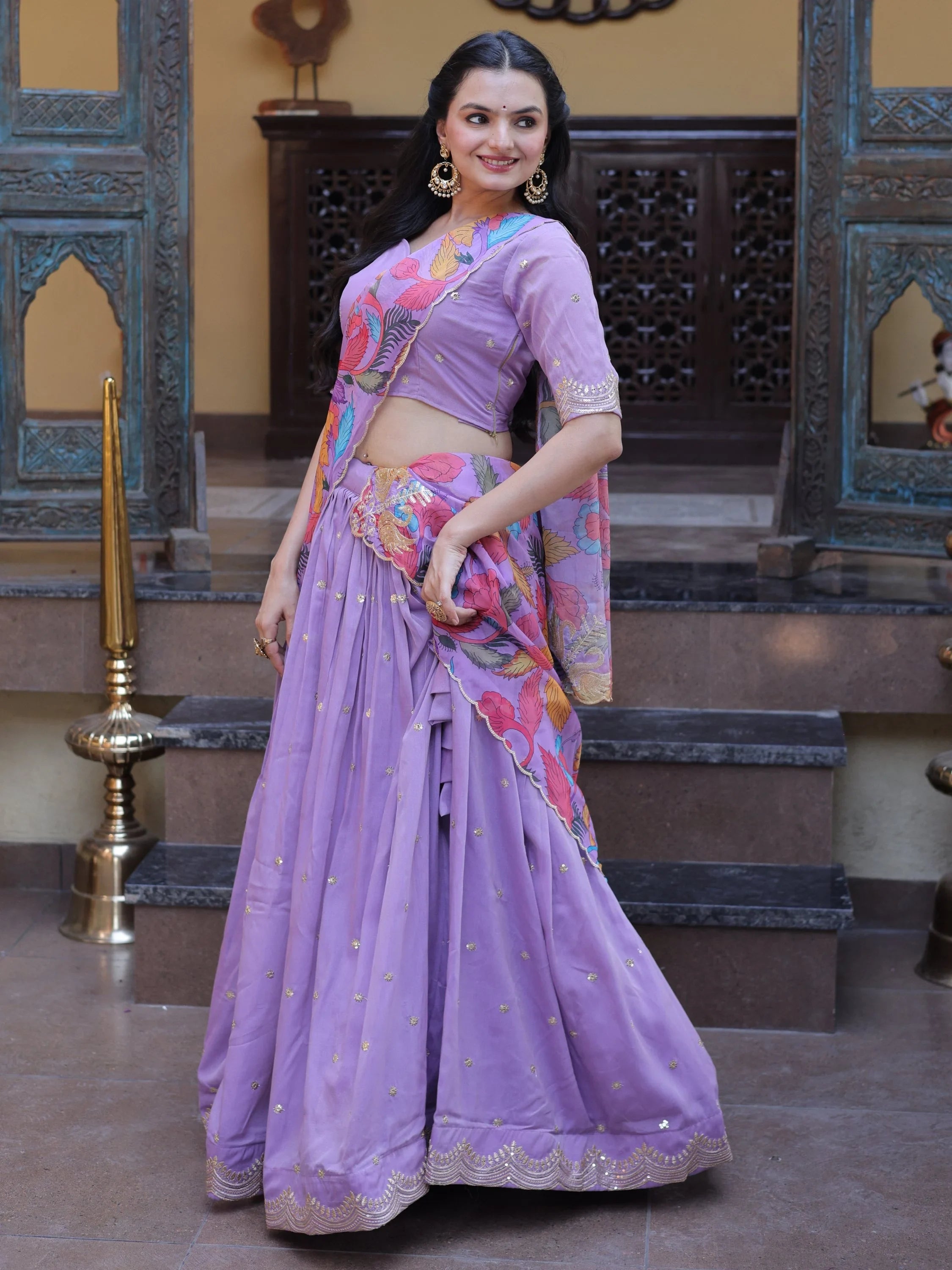 Purple Precious Zari Work Silk Engagement Wear Half Saree Lehenga