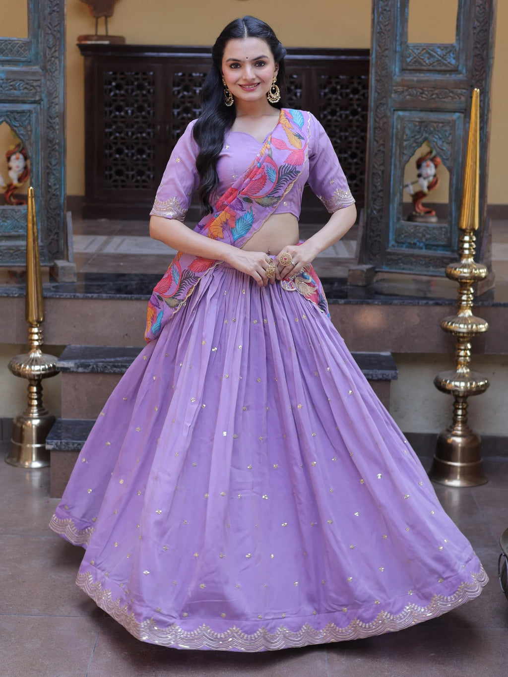 Purple Precious Zari Work Silk Engagement Wear Half Saree Lehenga