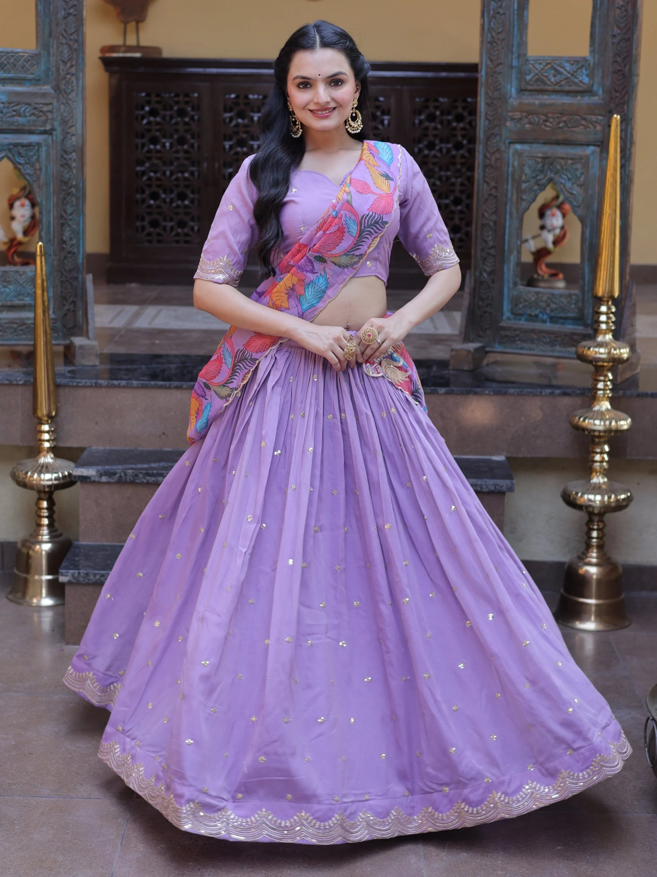 Purple Precious Zari Work Silk Engagement Wear Half Saree Lehenga