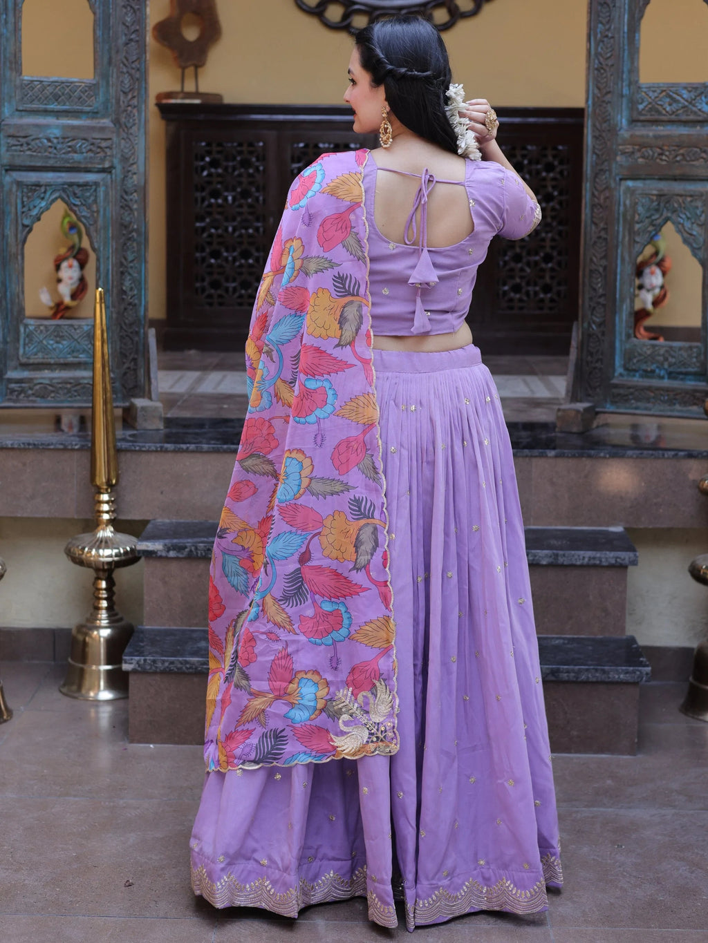 Purple Precious Zari Work Silk Engagement Wear Half Saree Lehenga