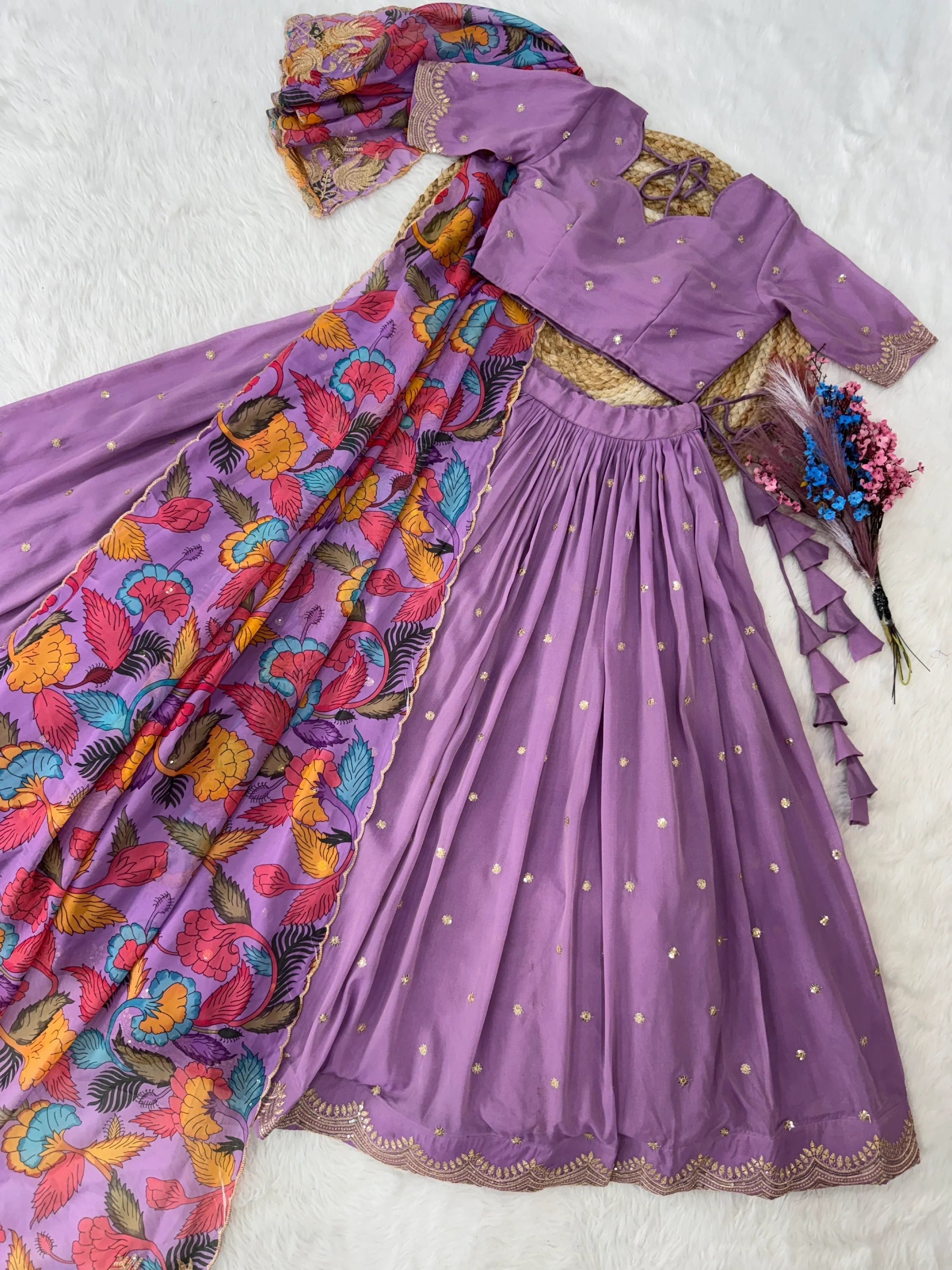 Purple Precious Zari Work Silk Engagement Wear Half Saree Lehenga