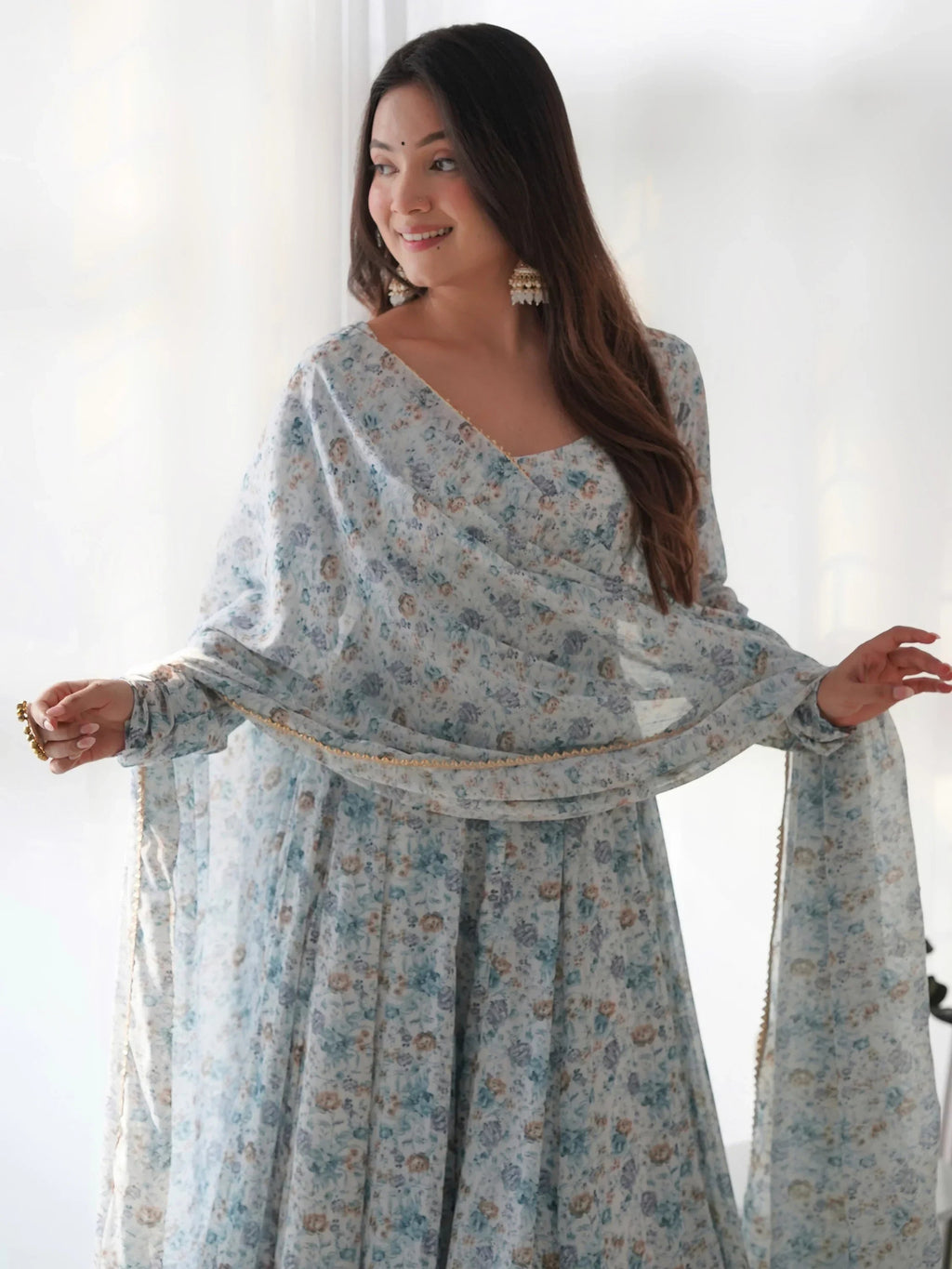 Off White Charming Off-Digital Printed Chiffon Event Wear Anarkali Suit