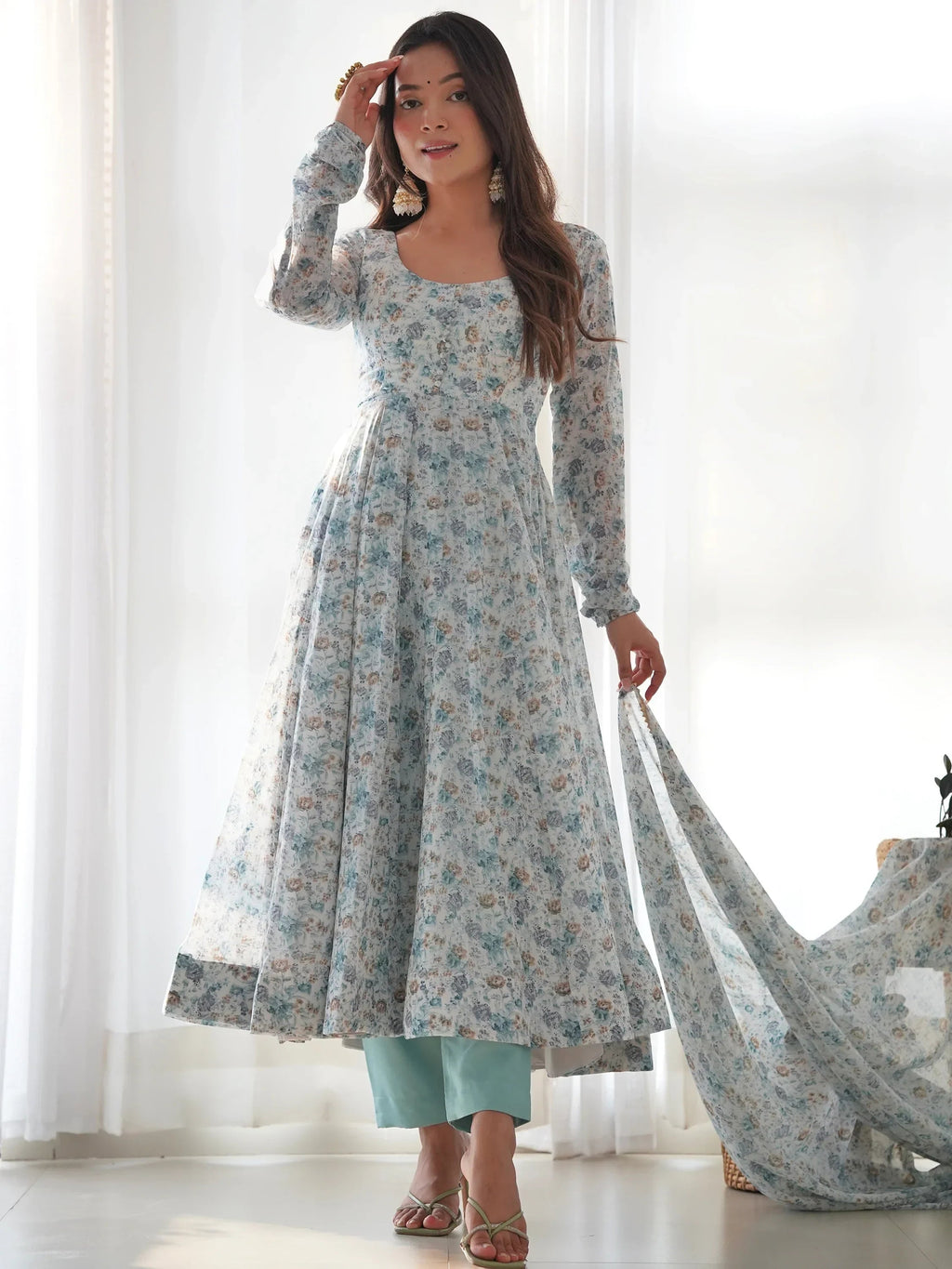 Off White Charming Off-Digital Printed Chiffon Event Wear Anarkali Suit