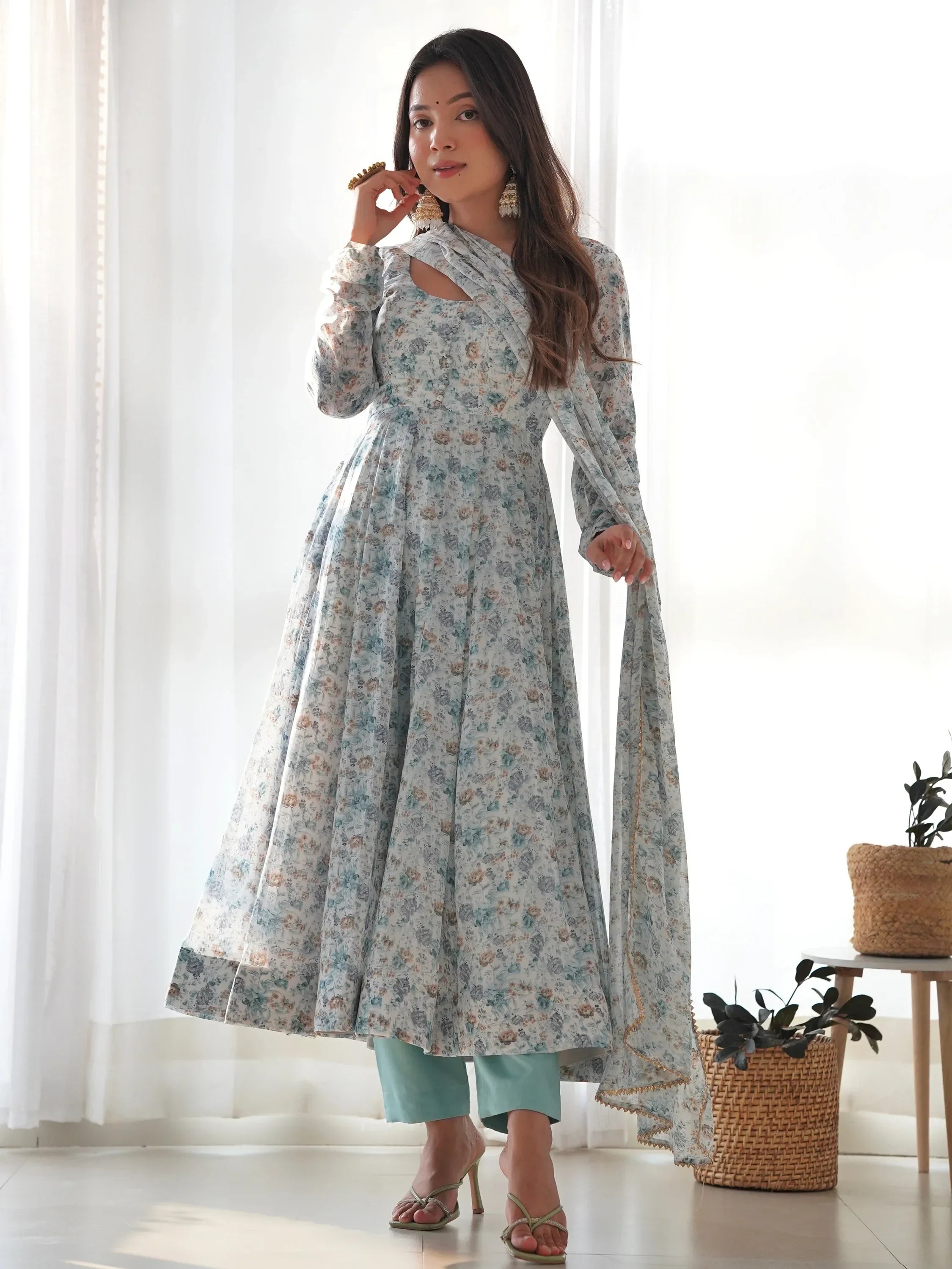 Off White Charming Off-Digital Printed Chiffon Event Wear Anarkali Suit