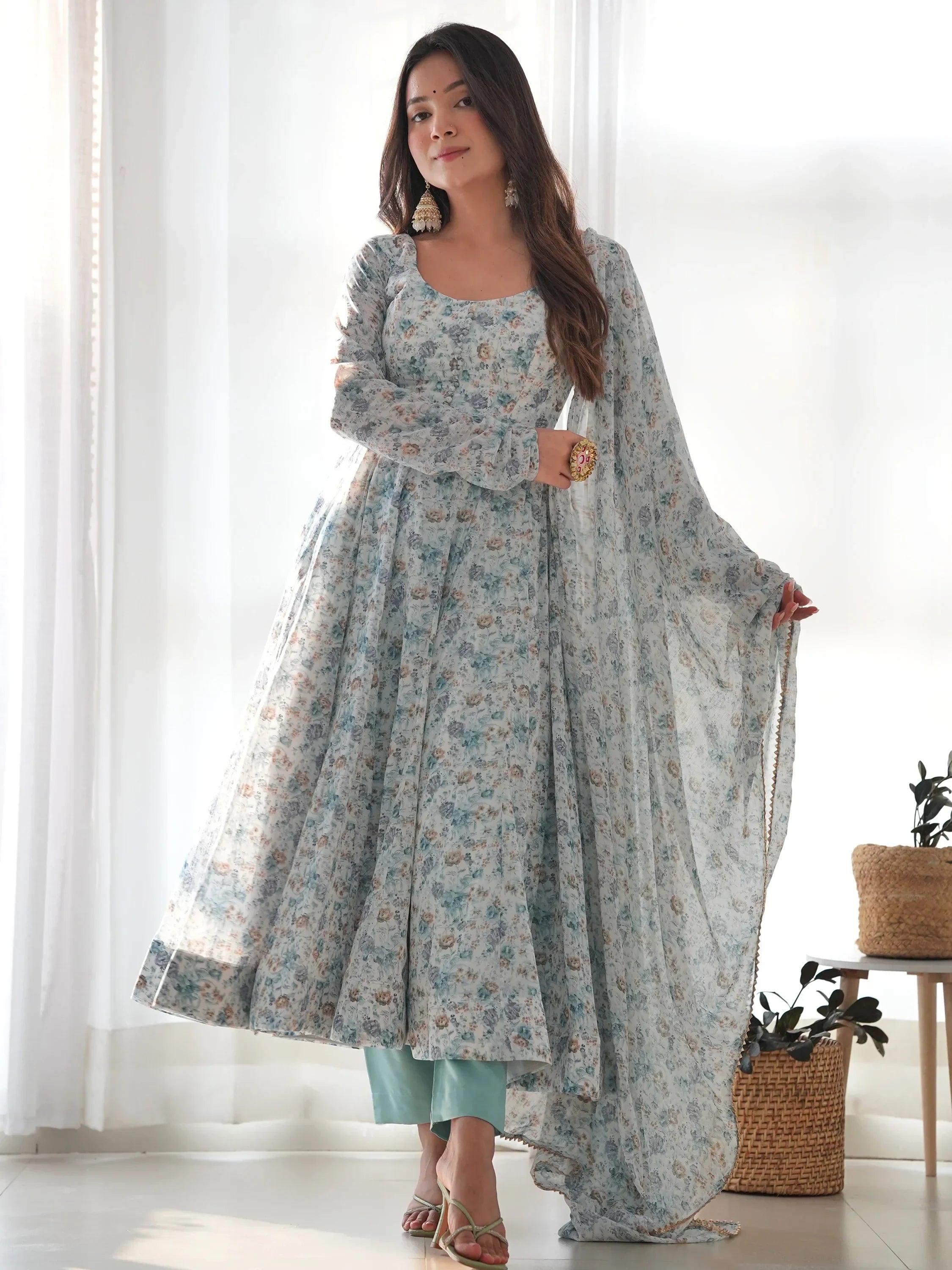 Off White Charming Off-Digital Printed Chiffon Event Wear Anarkali Suit