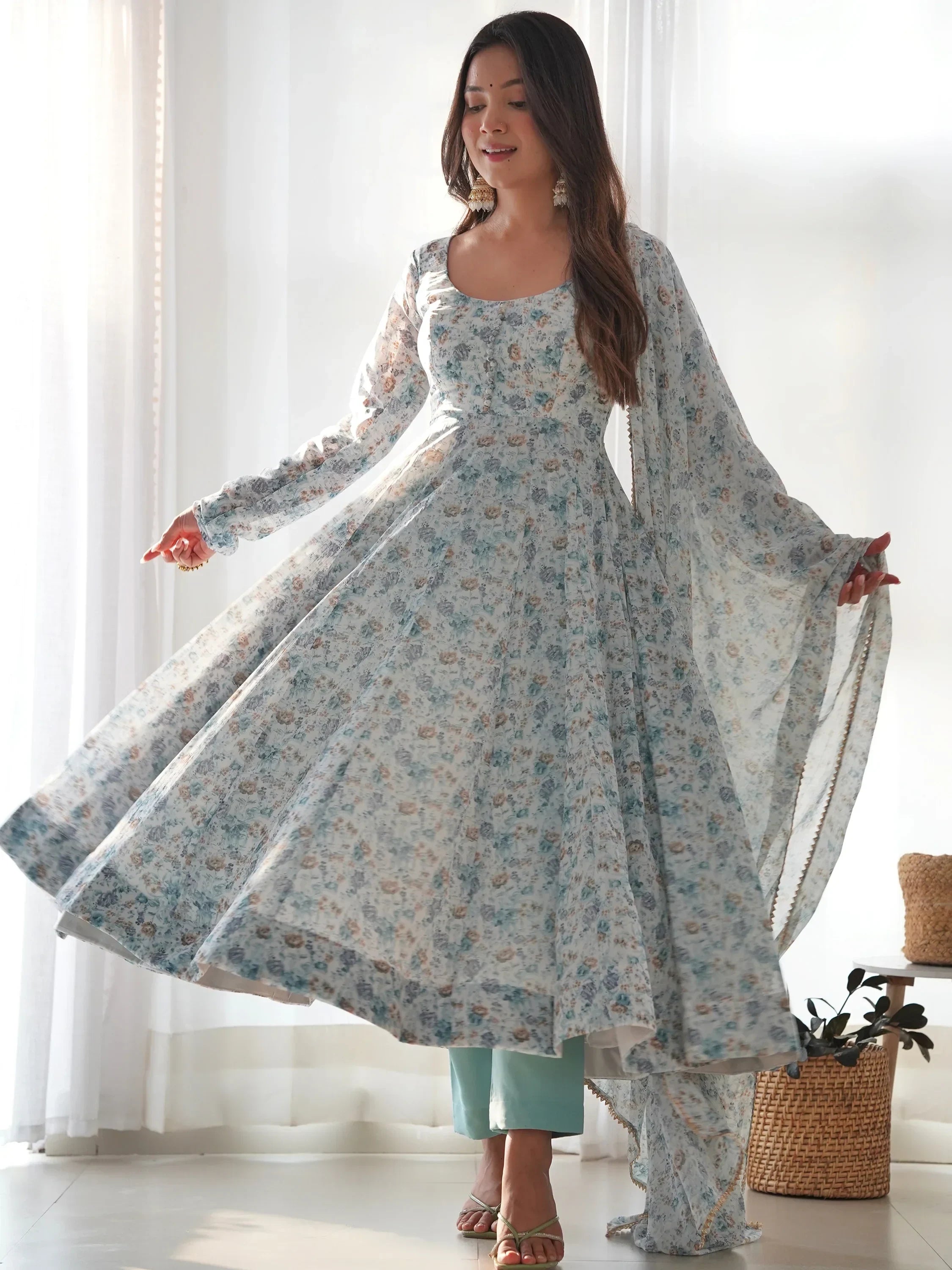 Off White Charming Off-Digital Printed Chiffon Event Wear Anarkali Suit