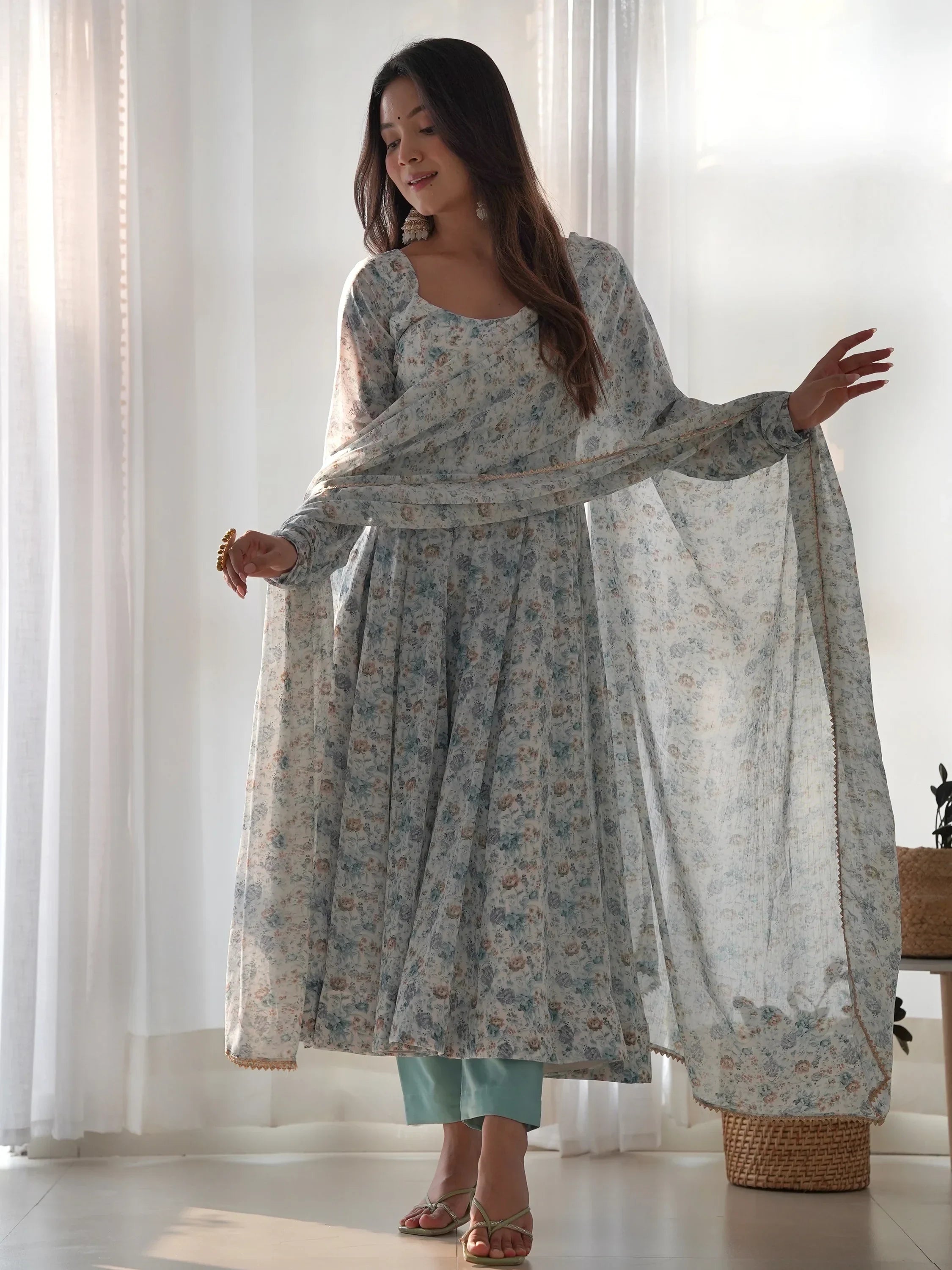 Off White Charming Off-Digital Printed Chiffon Event Wear Anarkali Suit
