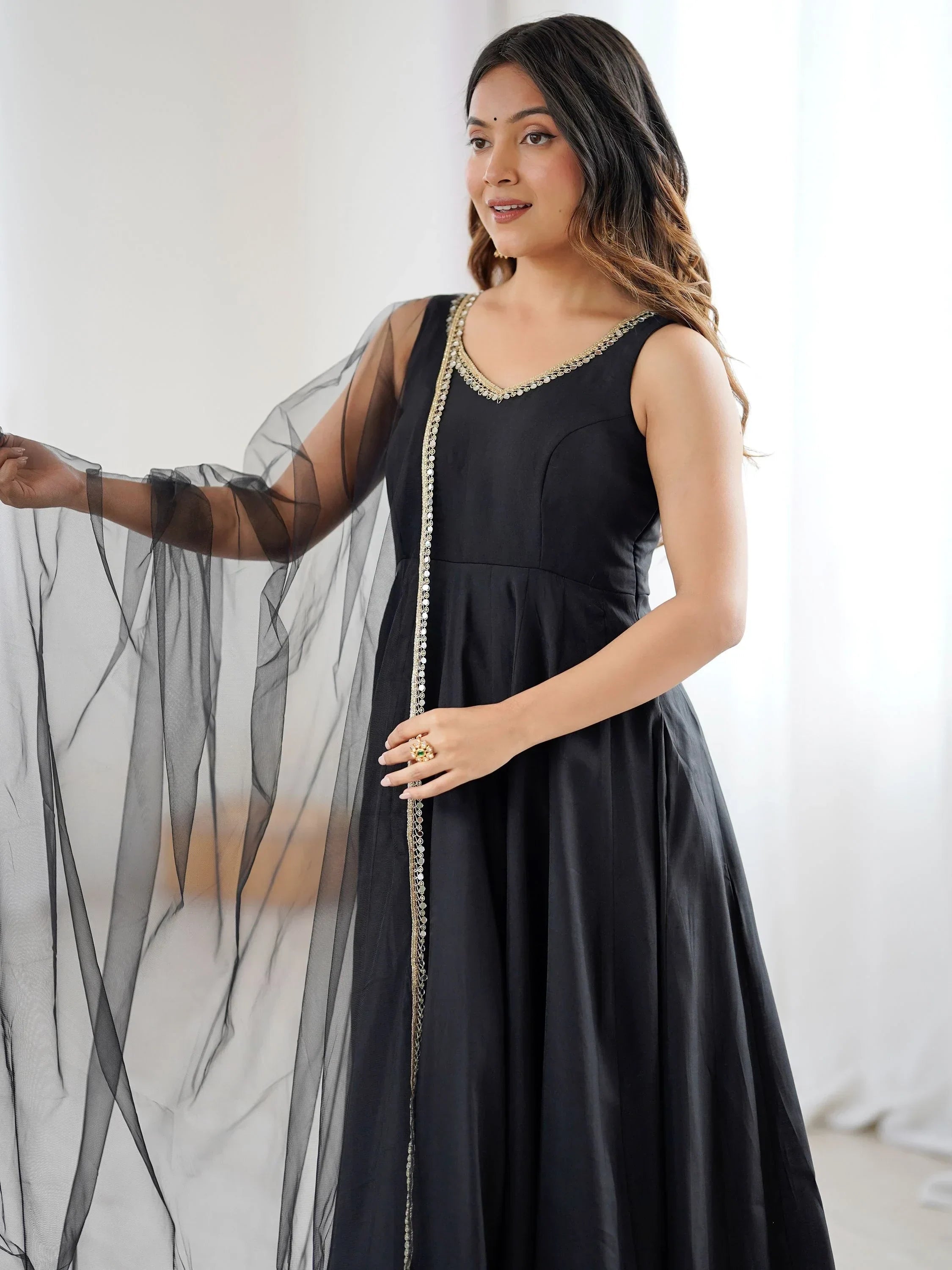 Black Mesmerizing Chanderi Silk Lace Work Anarkali Suit