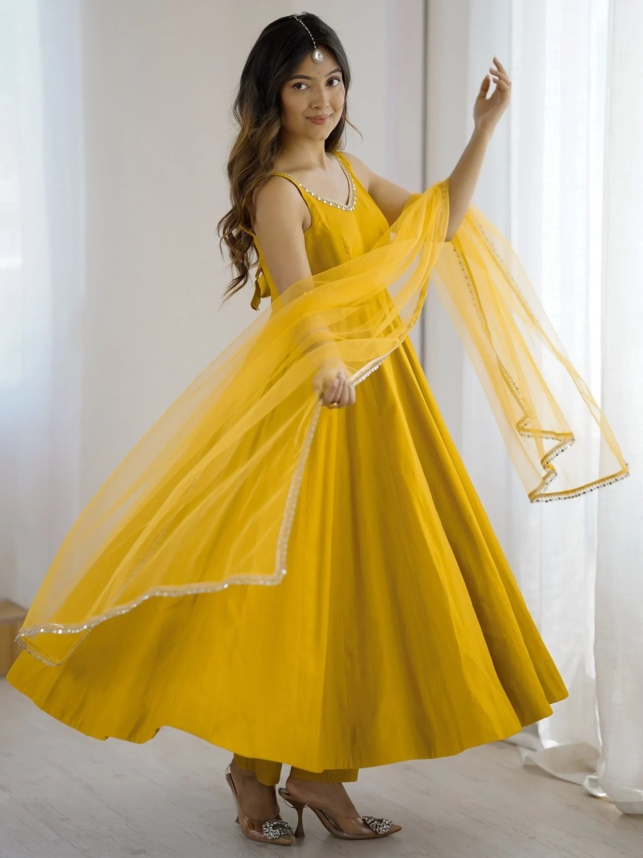 Yellow Mesmerizing Chanderi Silk Lace Work Anarkali Suit