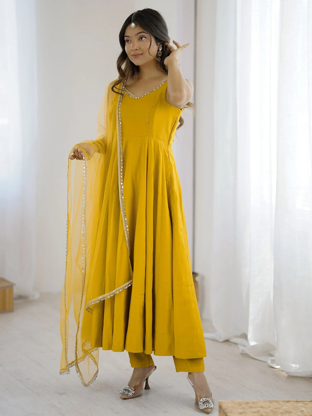 Yellow Mesmerizing Chanderi Silk Lace Work Anarkali Suit
