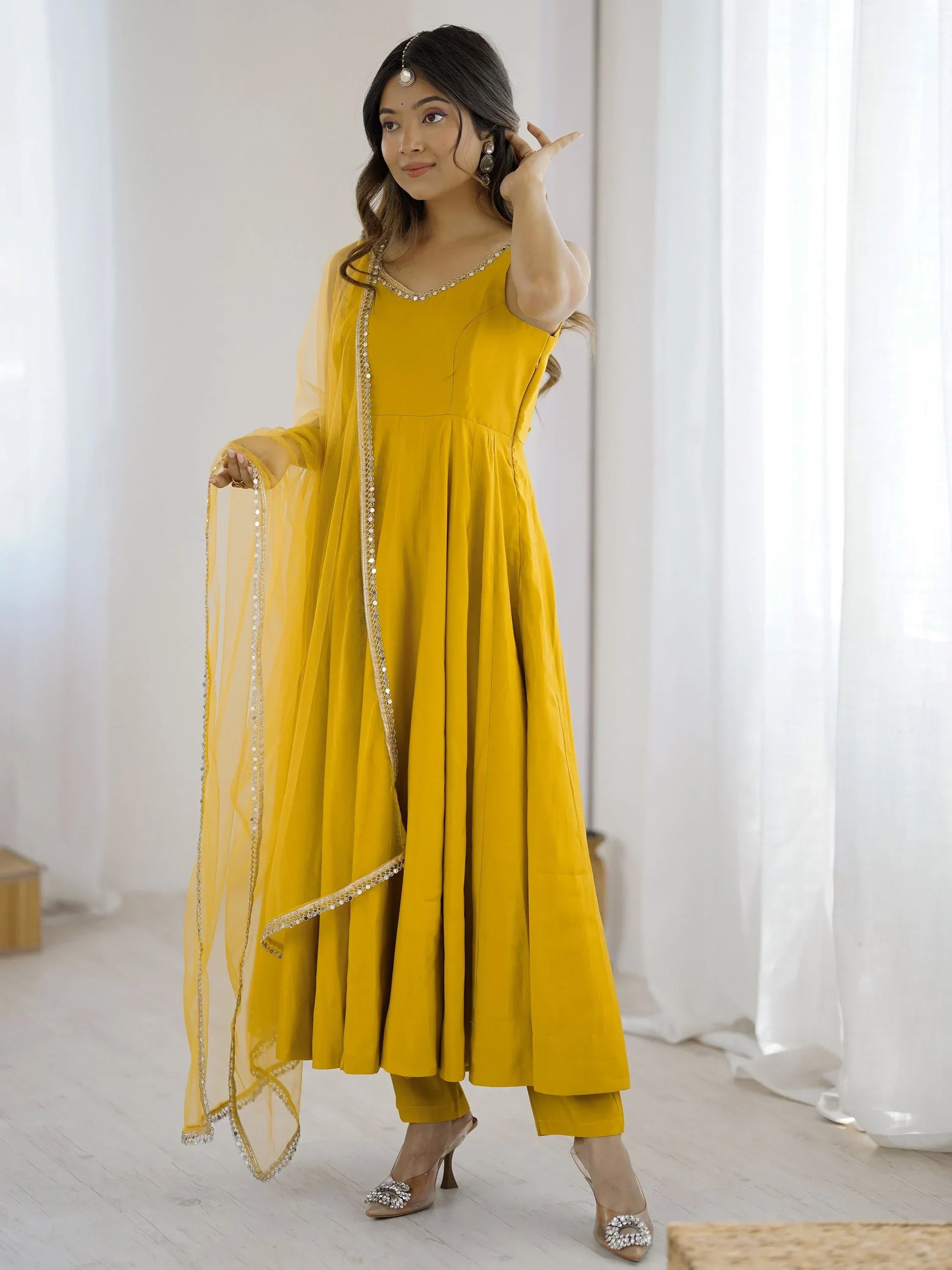 Yellow Mesmerizing Chanderi Silk Lace Work Anarkali Suit