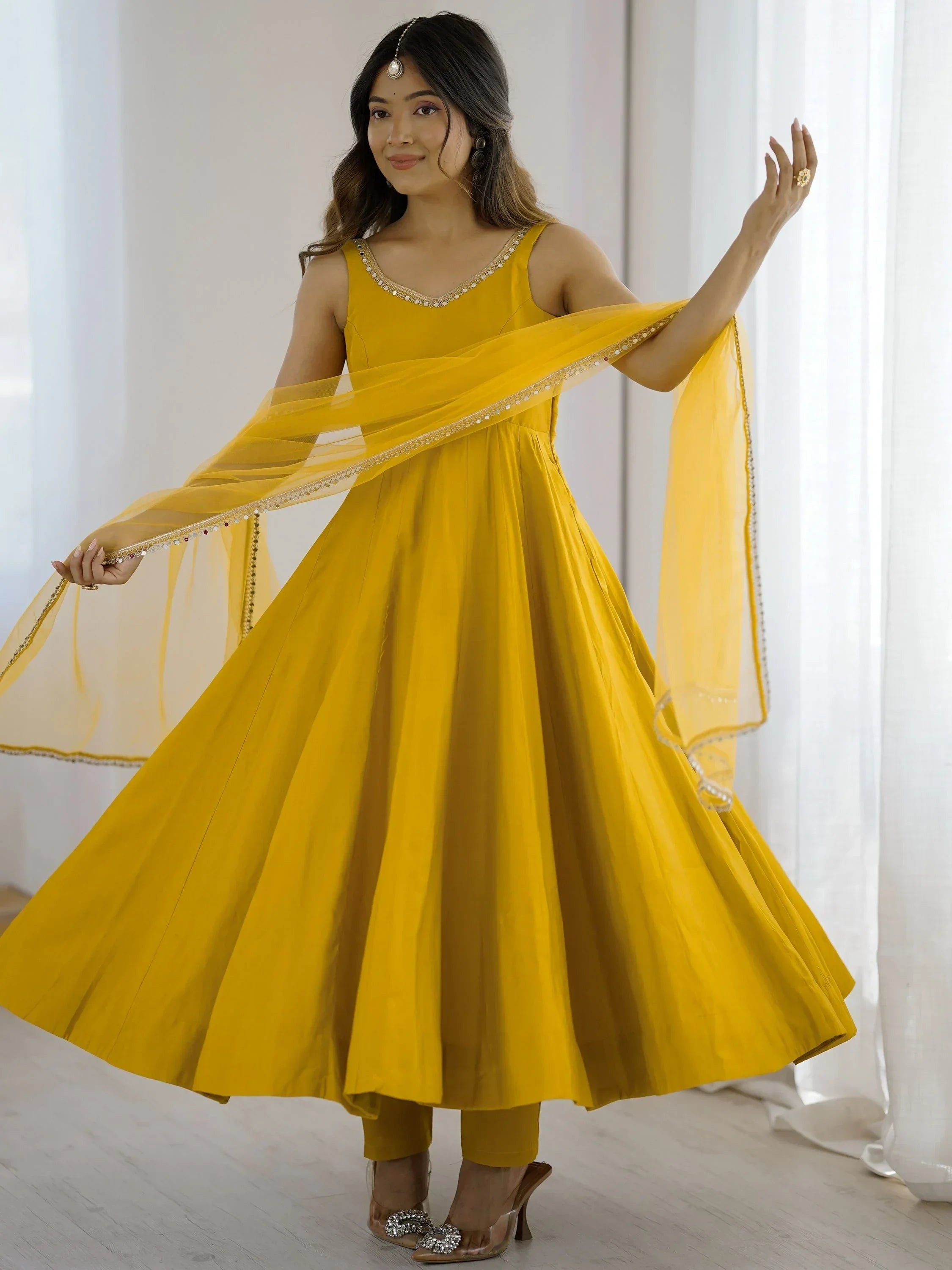 Yellow Mesmerizing Chanderi Silk Lace Work Anarkali Suit